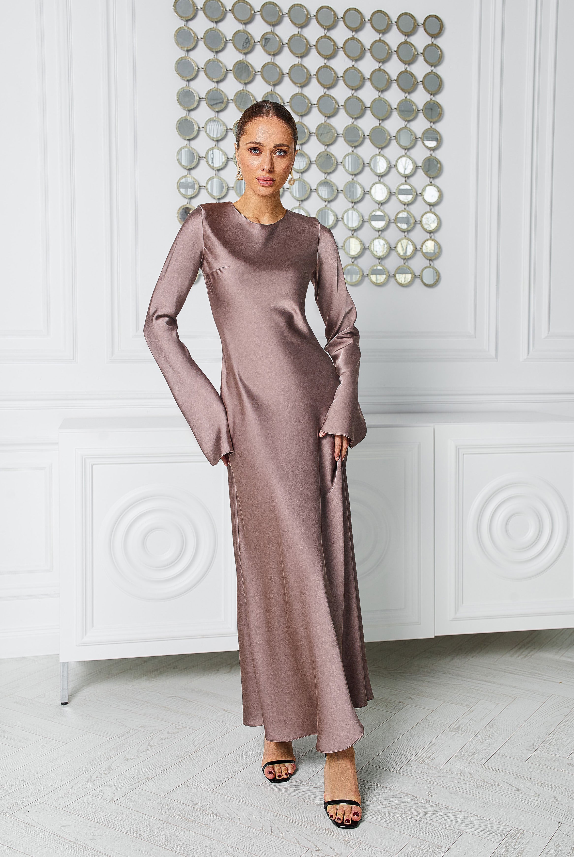 Alexa Mocco Satin Long Sleeve Maxi Dress - front view | ELAGIA