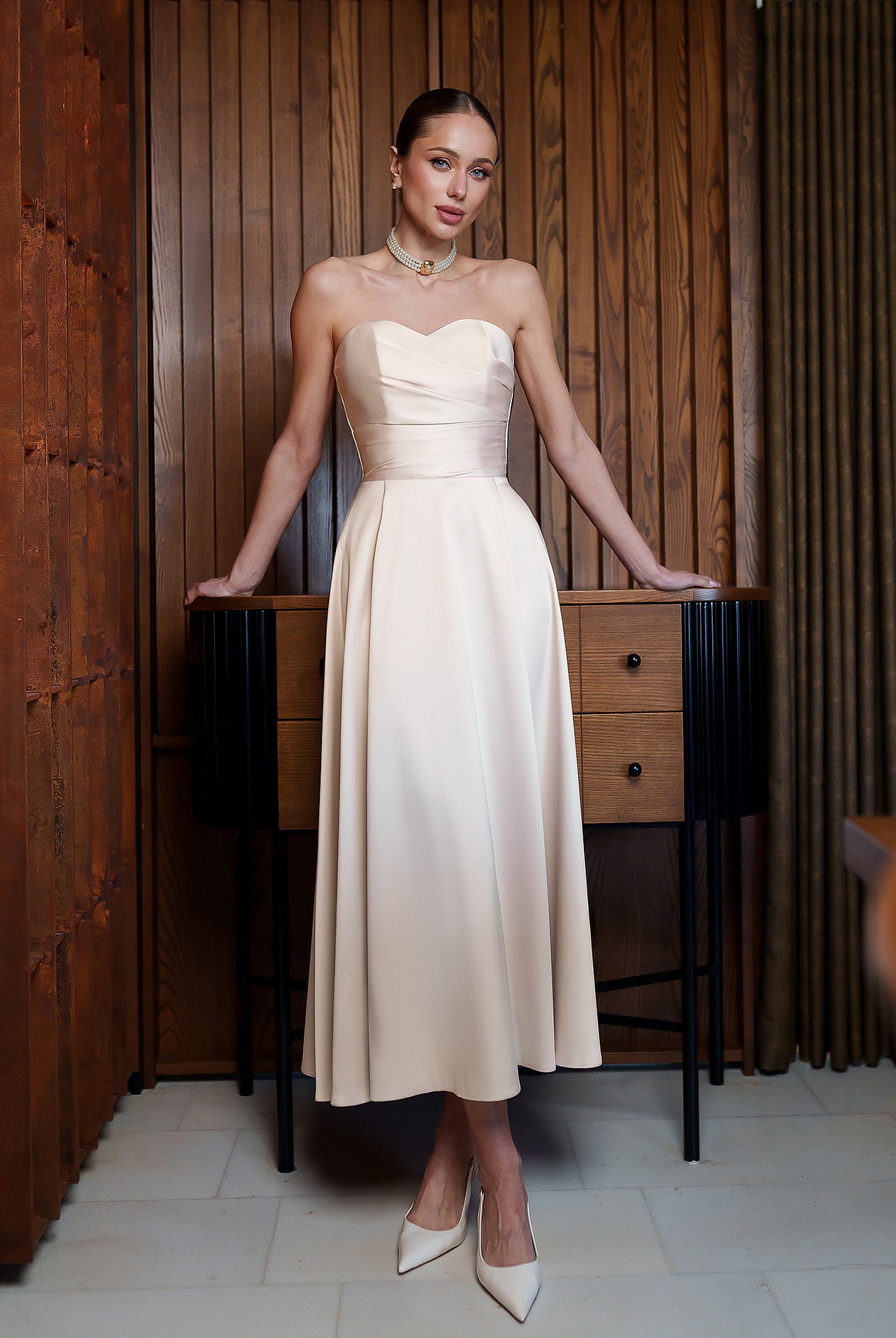 Nova Beige Satin Strapless Sweetheart Midi Dress - front view | ELAGIA