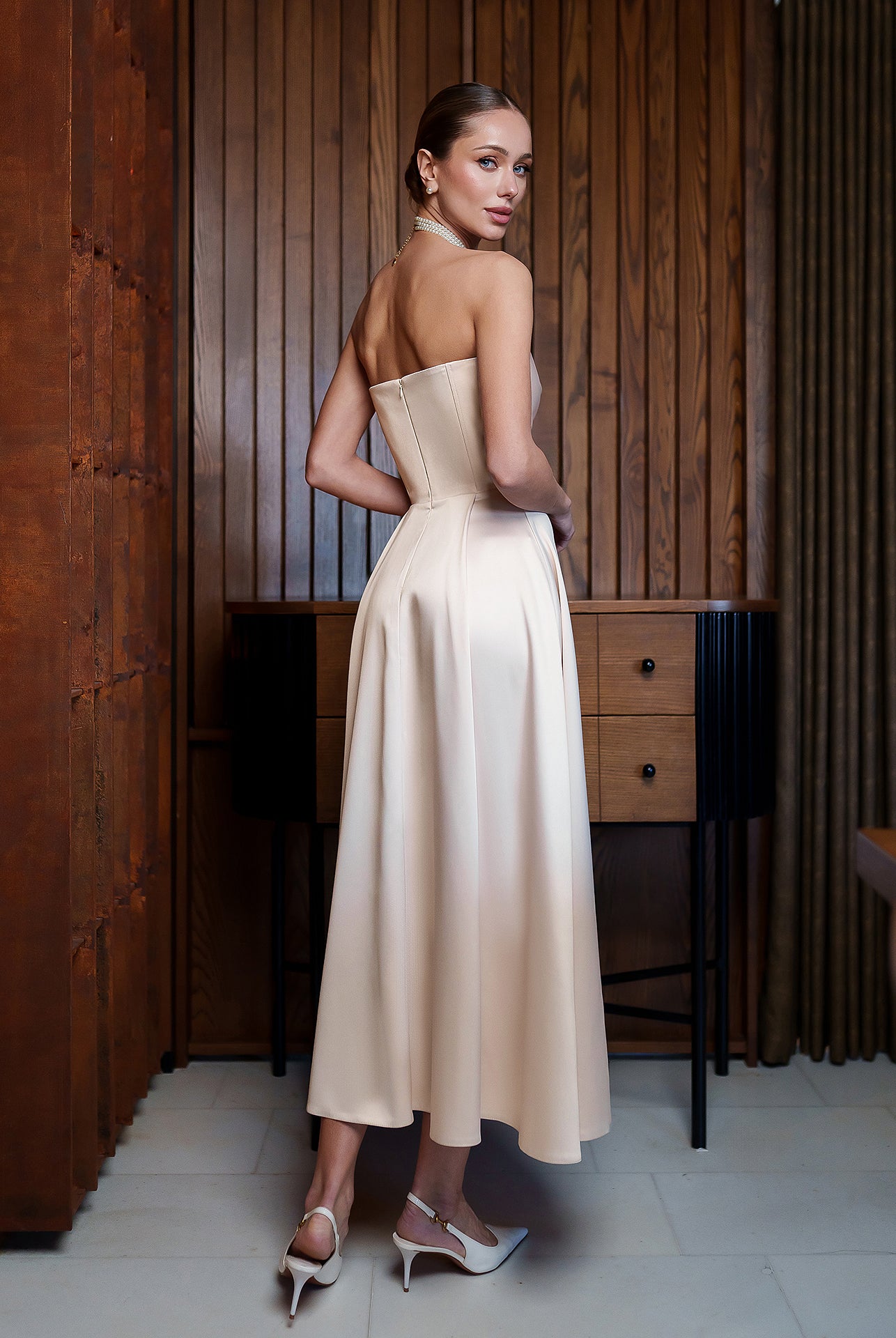 Nova Beige Satin Strapless Sweetheart Midi Dress - side view | ELAGIA
