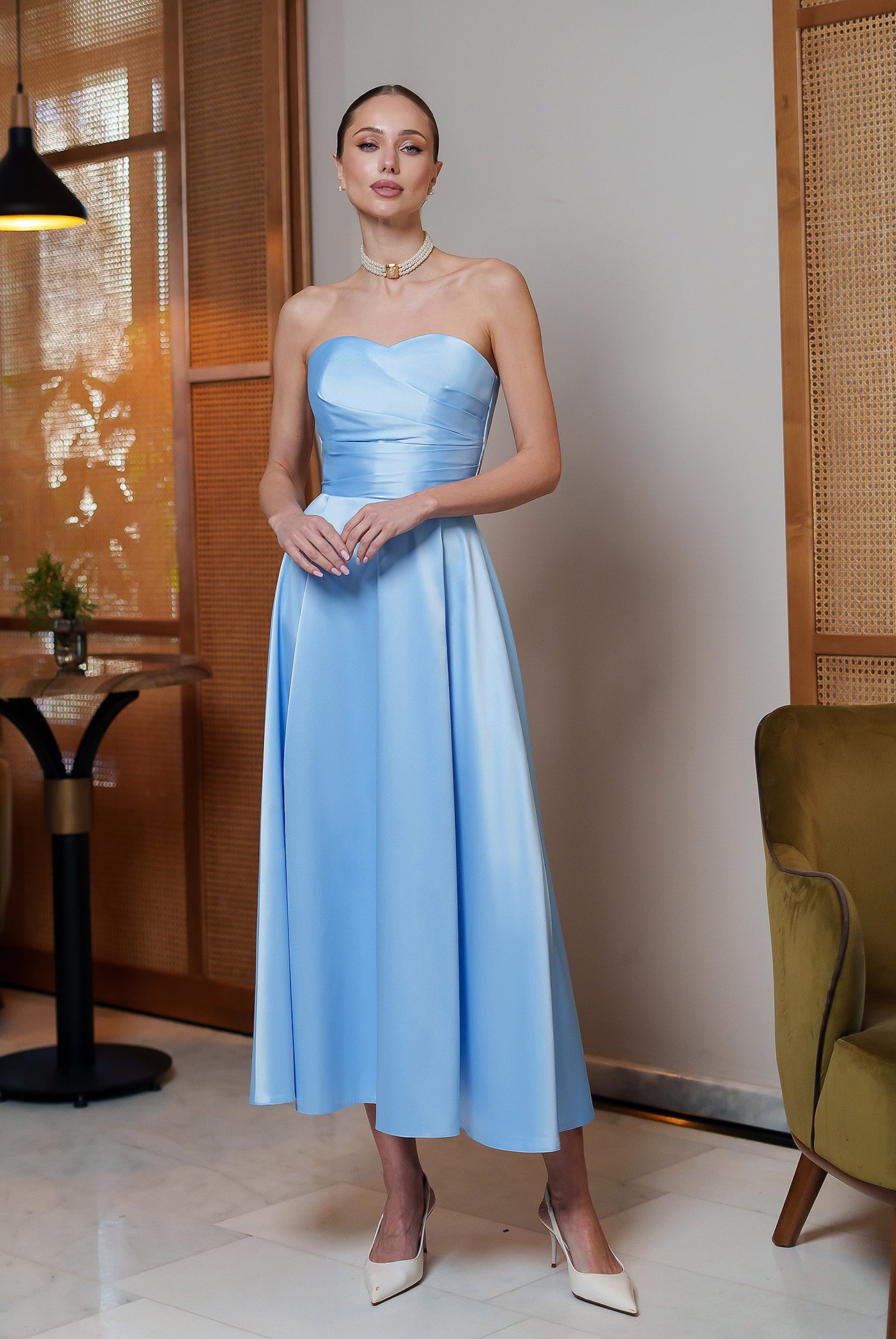 Nova Sky-Blue Satin Strapless Sweetheart Midi Dress - view 8 | ELAGIA