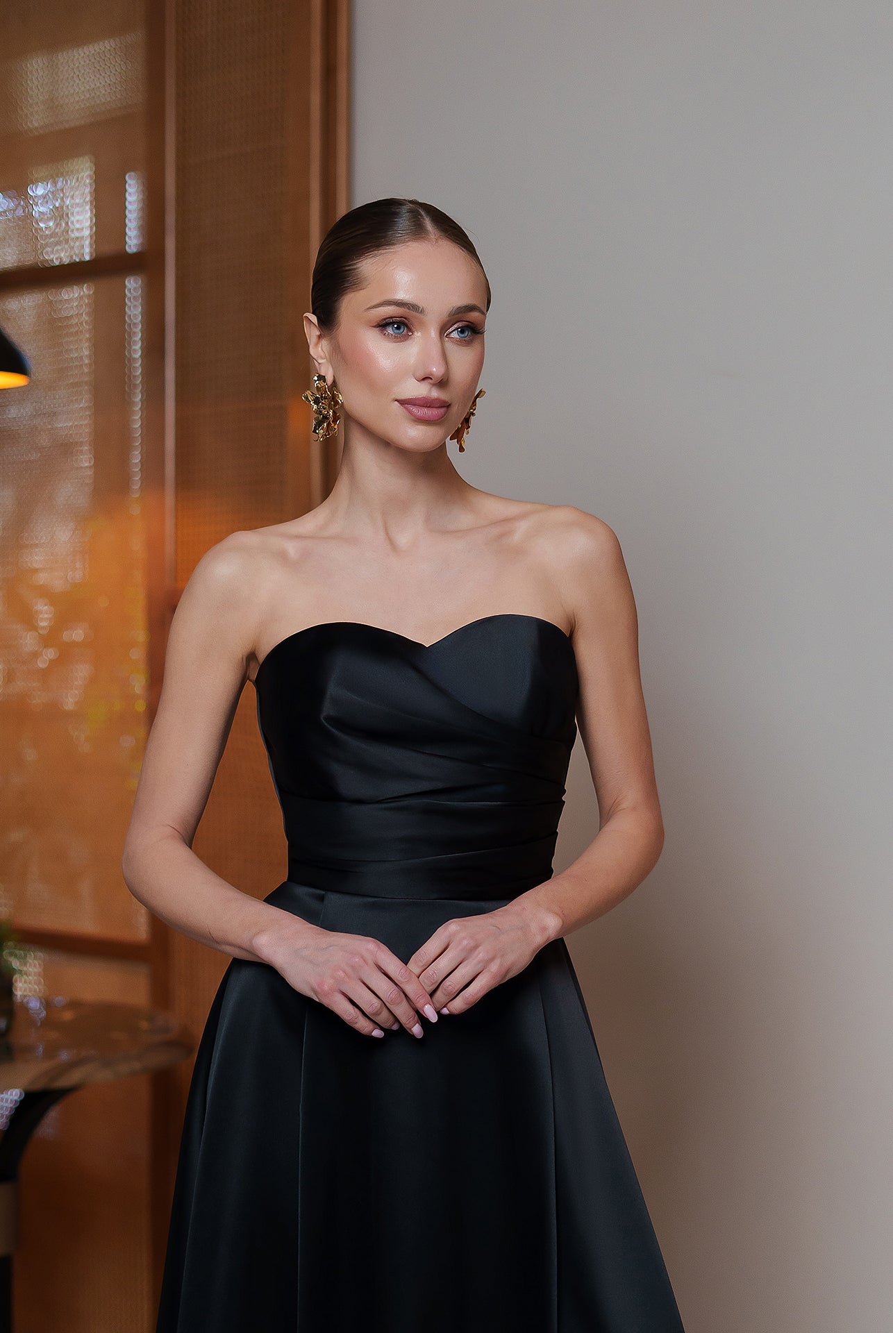 Nova Black Satin Strapless Sweetheart Midi Dress - view 6 | ELAGIA