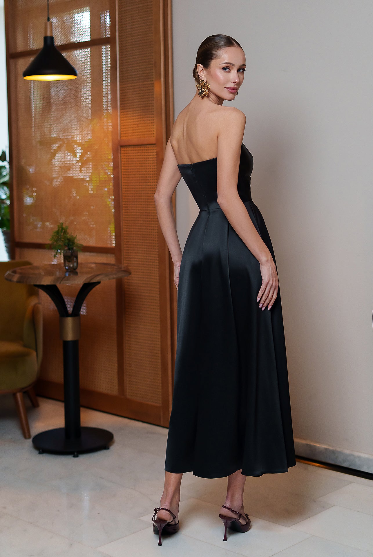 Nova Black Satin Strapless Sweetheart Midi Dress - styled look | ELAGIA