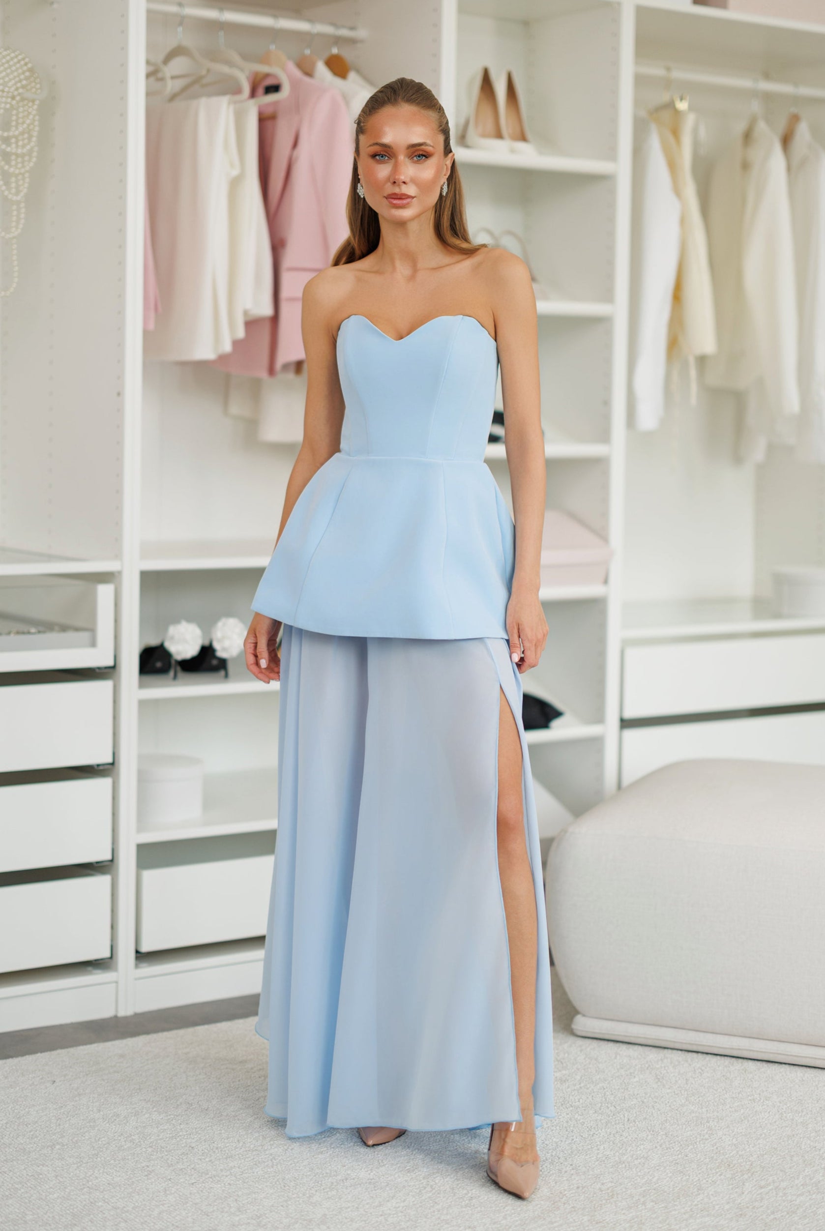 Sky-Blue Strapless Sweetheart Chiffon Skirt Maxi Dress - front view | ELAGIA