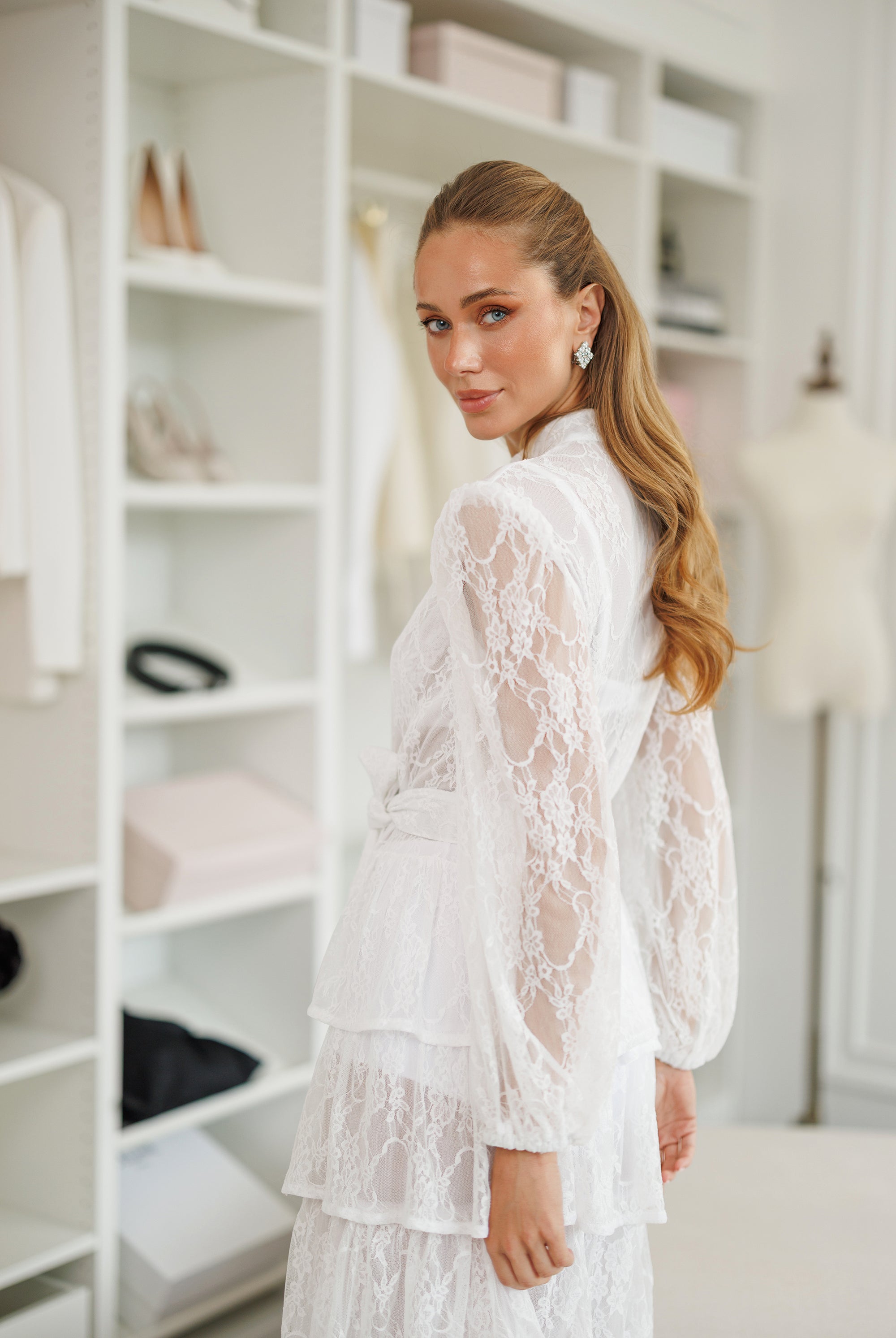 White Tiered Lace Belted Midi Dress - close-up detail | ELAGIA