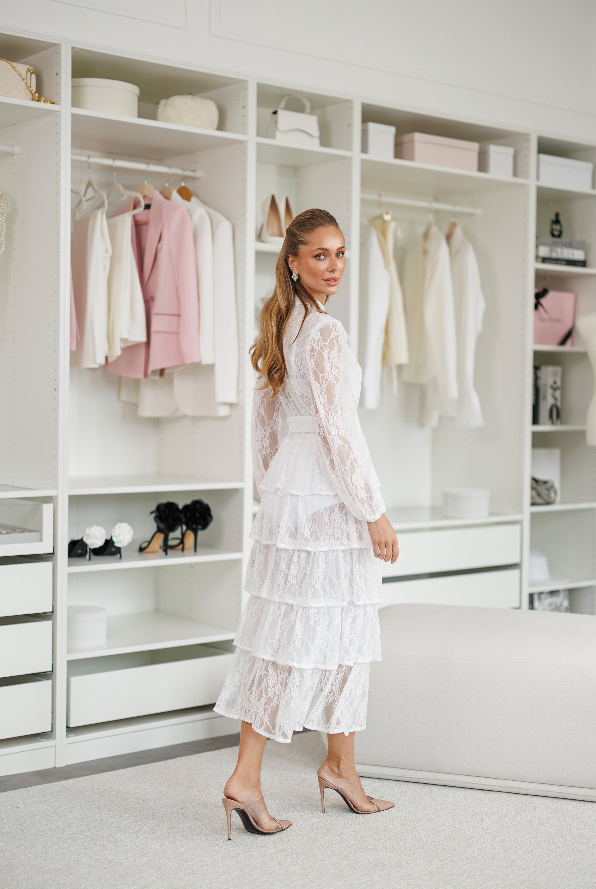 White Tiered Lace Belted Midi Dress - side view | ELAGIA