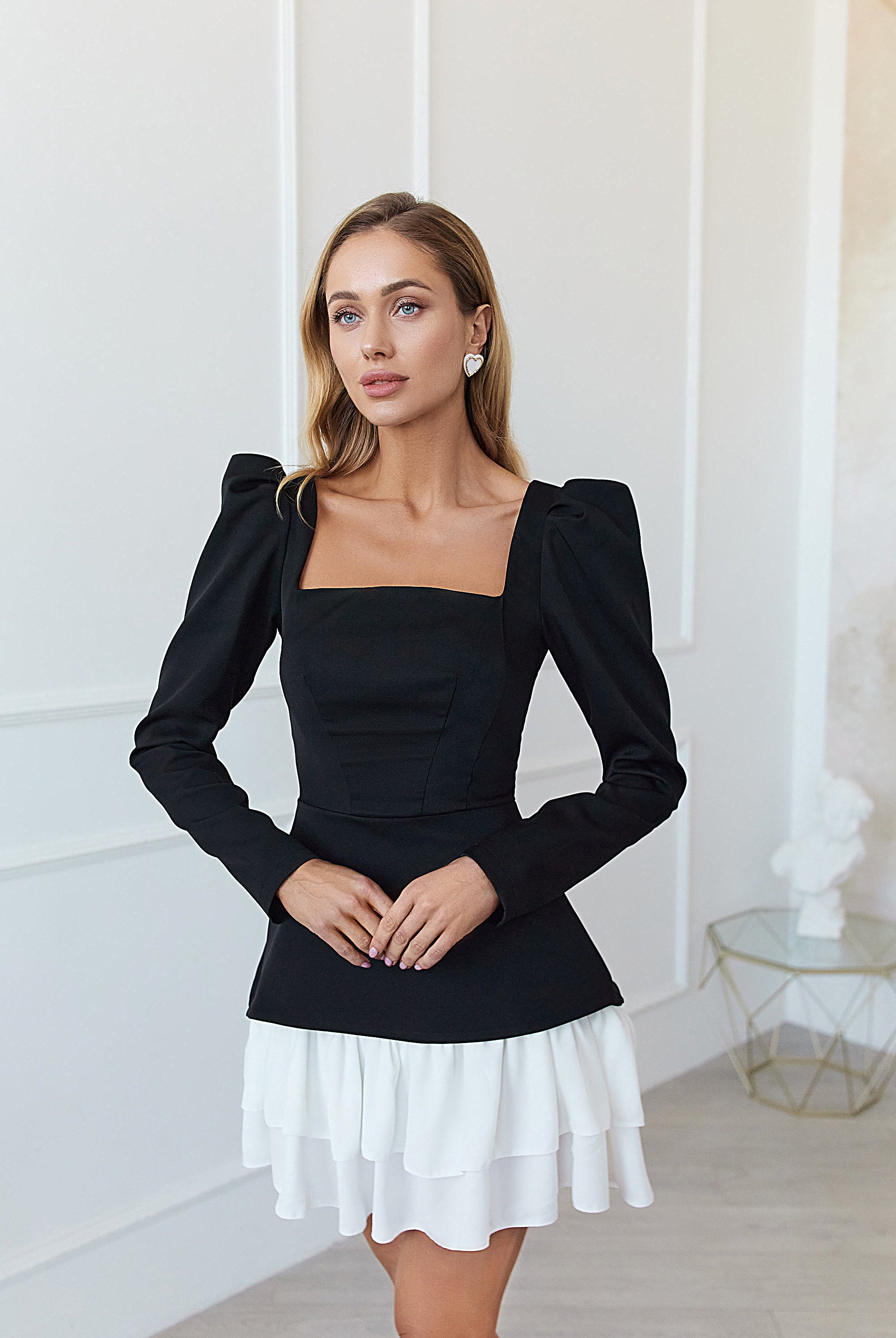 Black Square Neck Puff Sleeve Mini Dress - close-up detail | ELAGIA