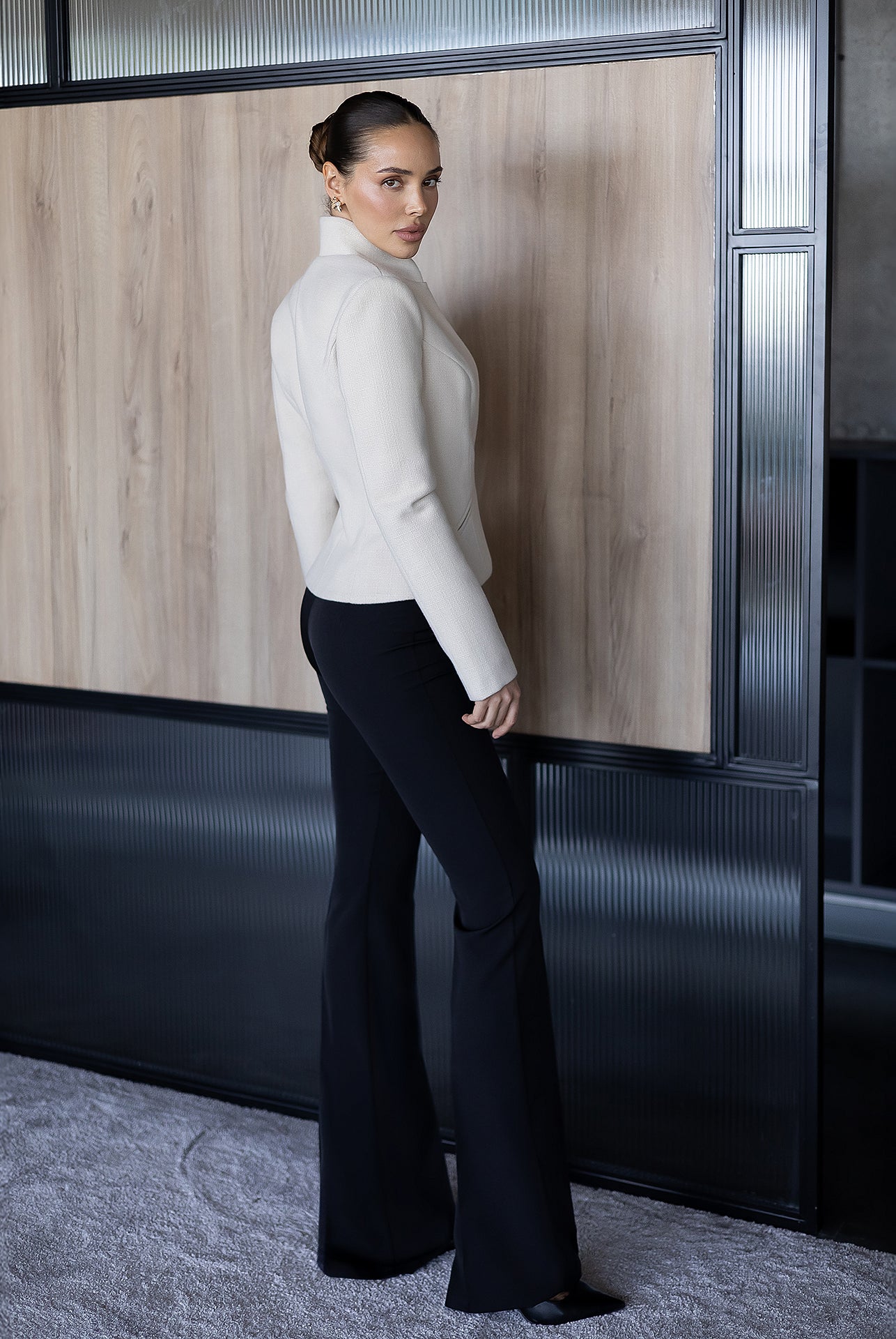 Julia Beige Collarless Single-Breasted Blazer - side view | ELAGIA