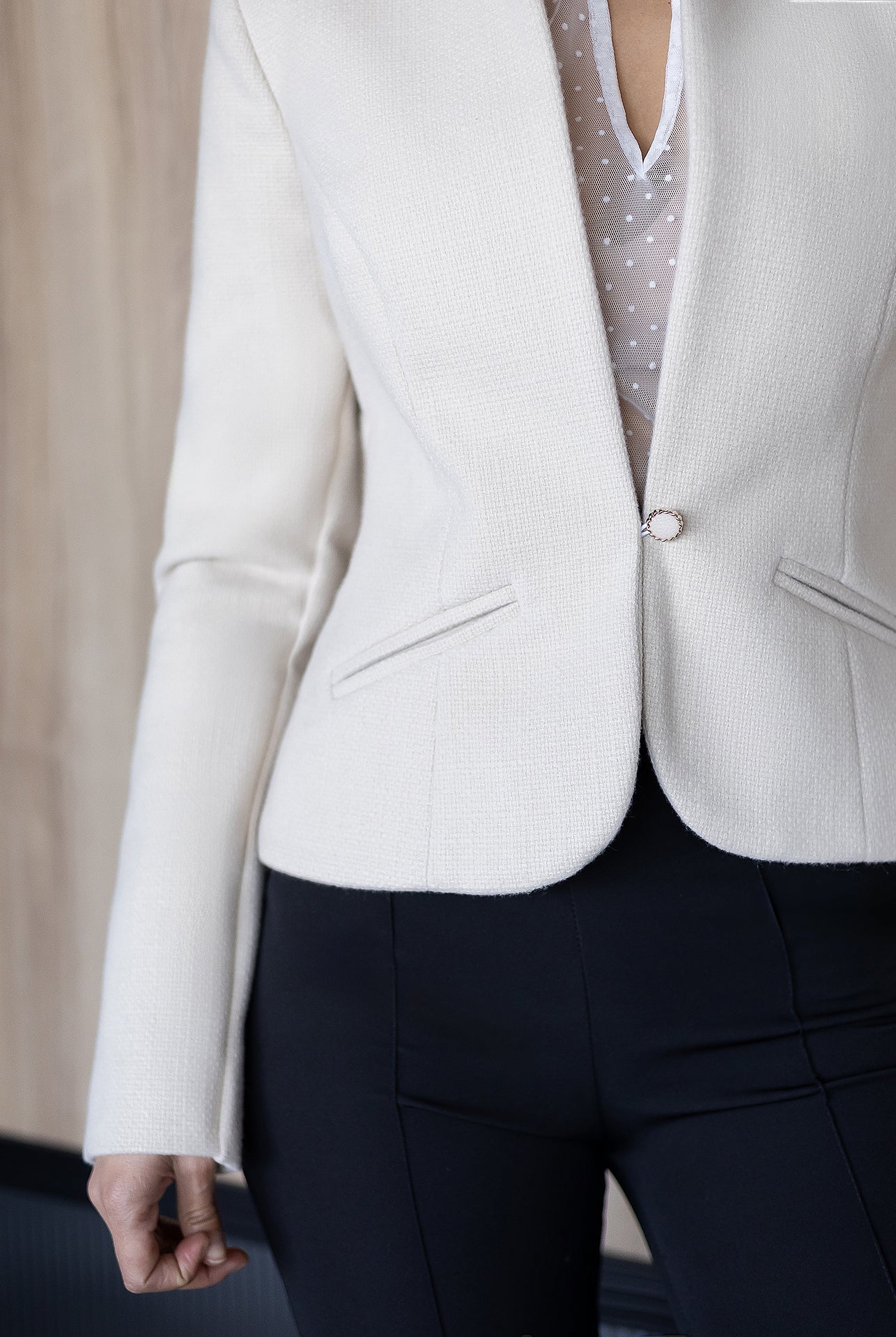 Julia Beige Collarless Single-Breasted Blazer - close-up detail | ELAGIA