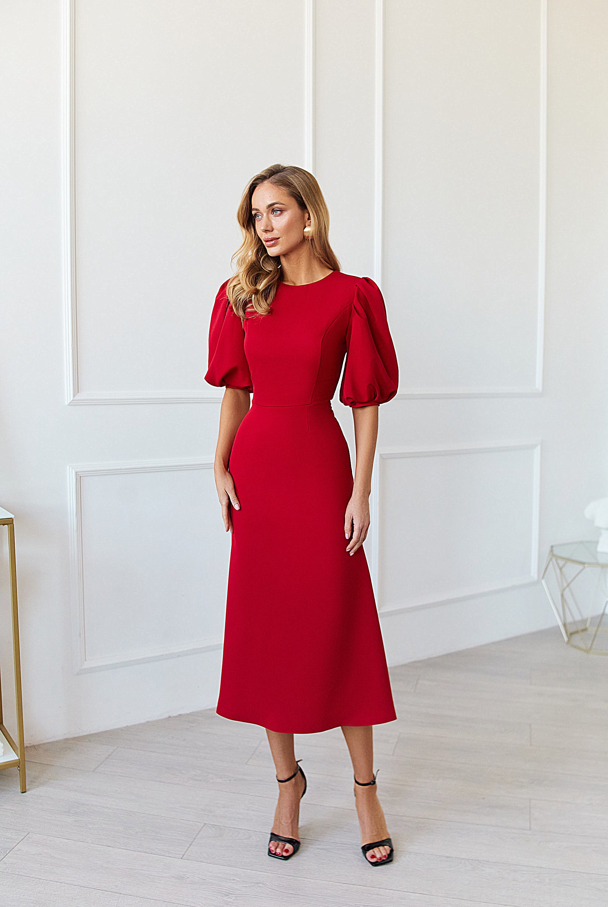Red Puff Sleeve Midi Dress - view 7 | ELAGIA