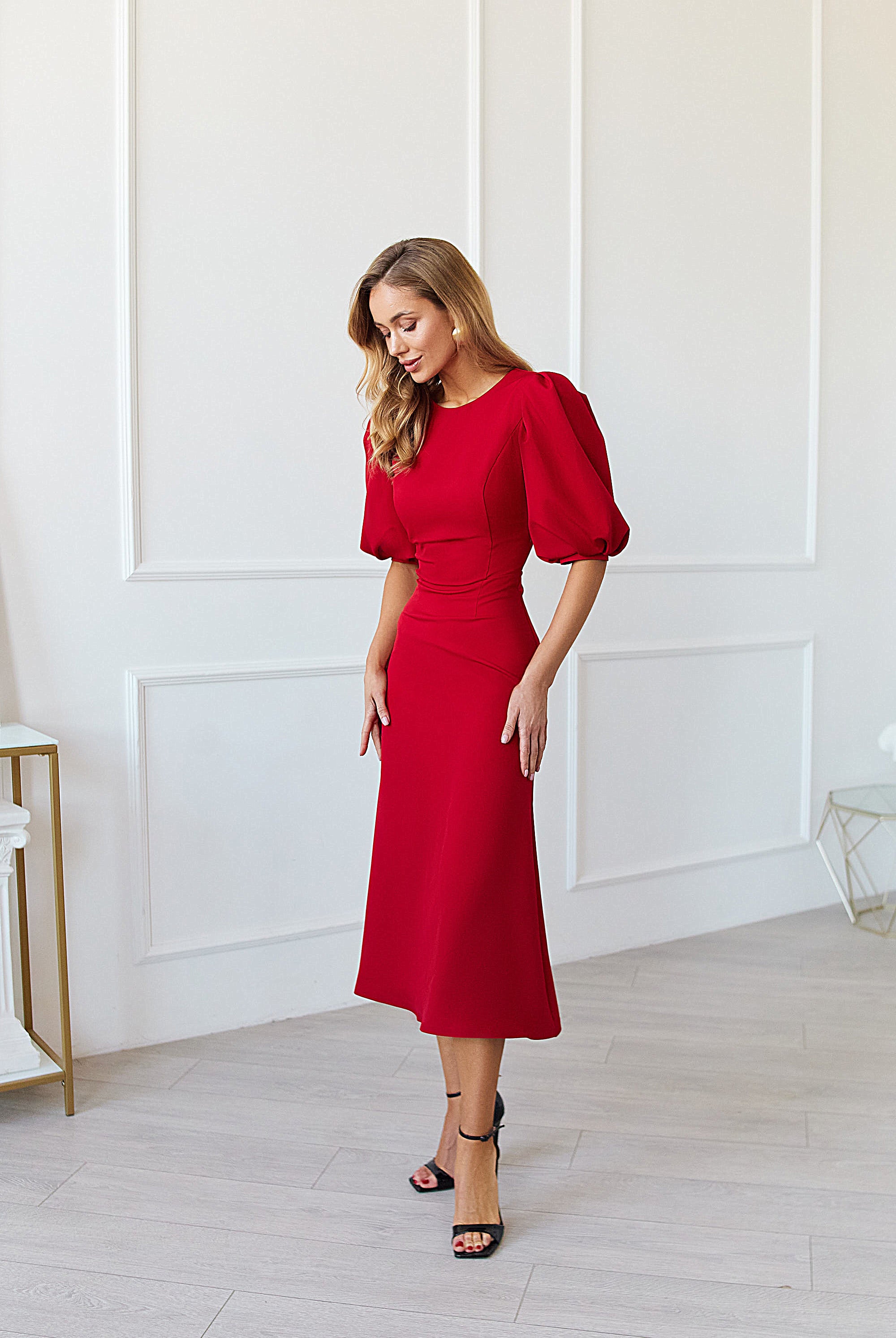 Red Puff Sleeve Midi Dress - view 8 | ELAGIA
