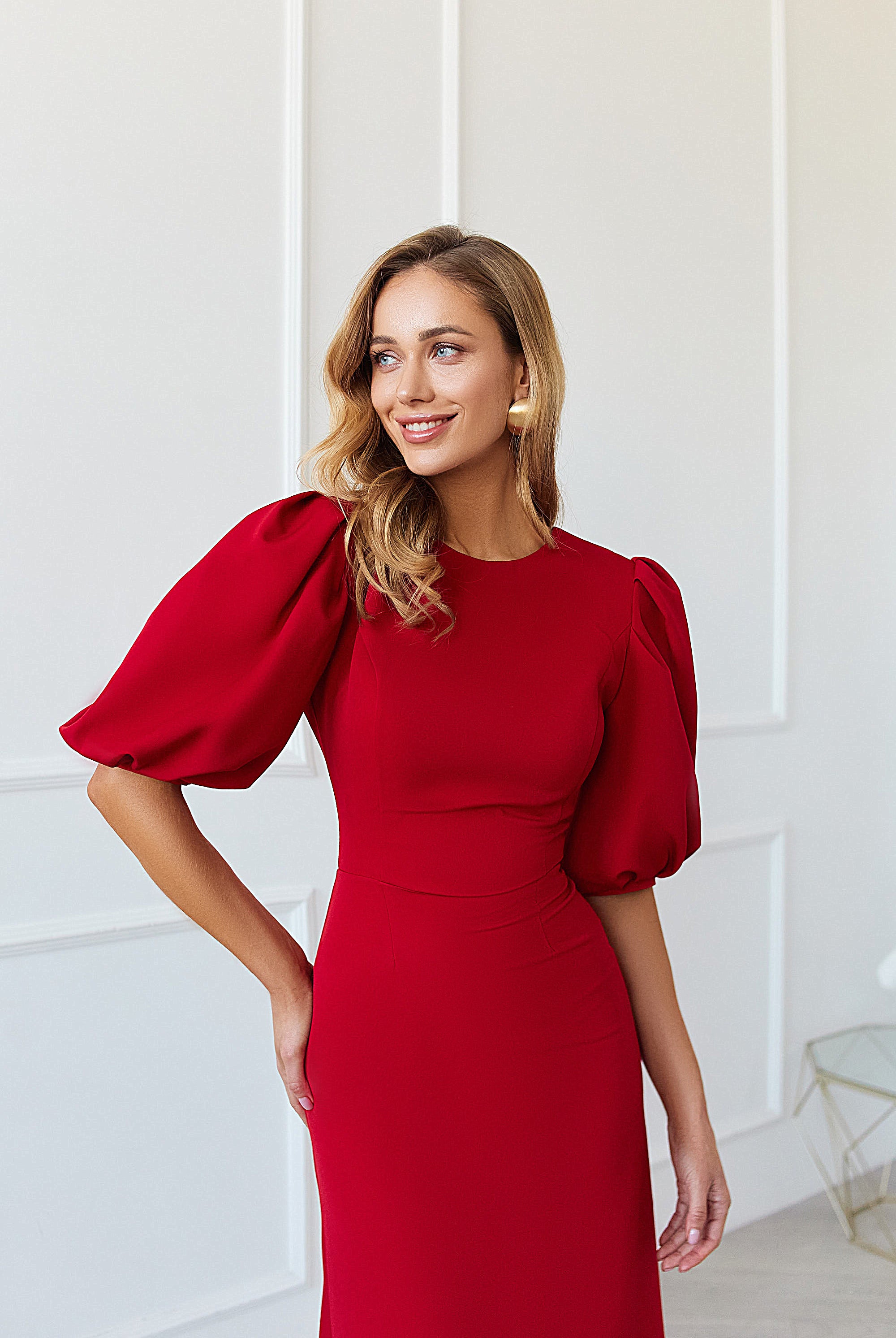 Red Puff Sleeve Midi Dress - view 9 | ELAGIA
