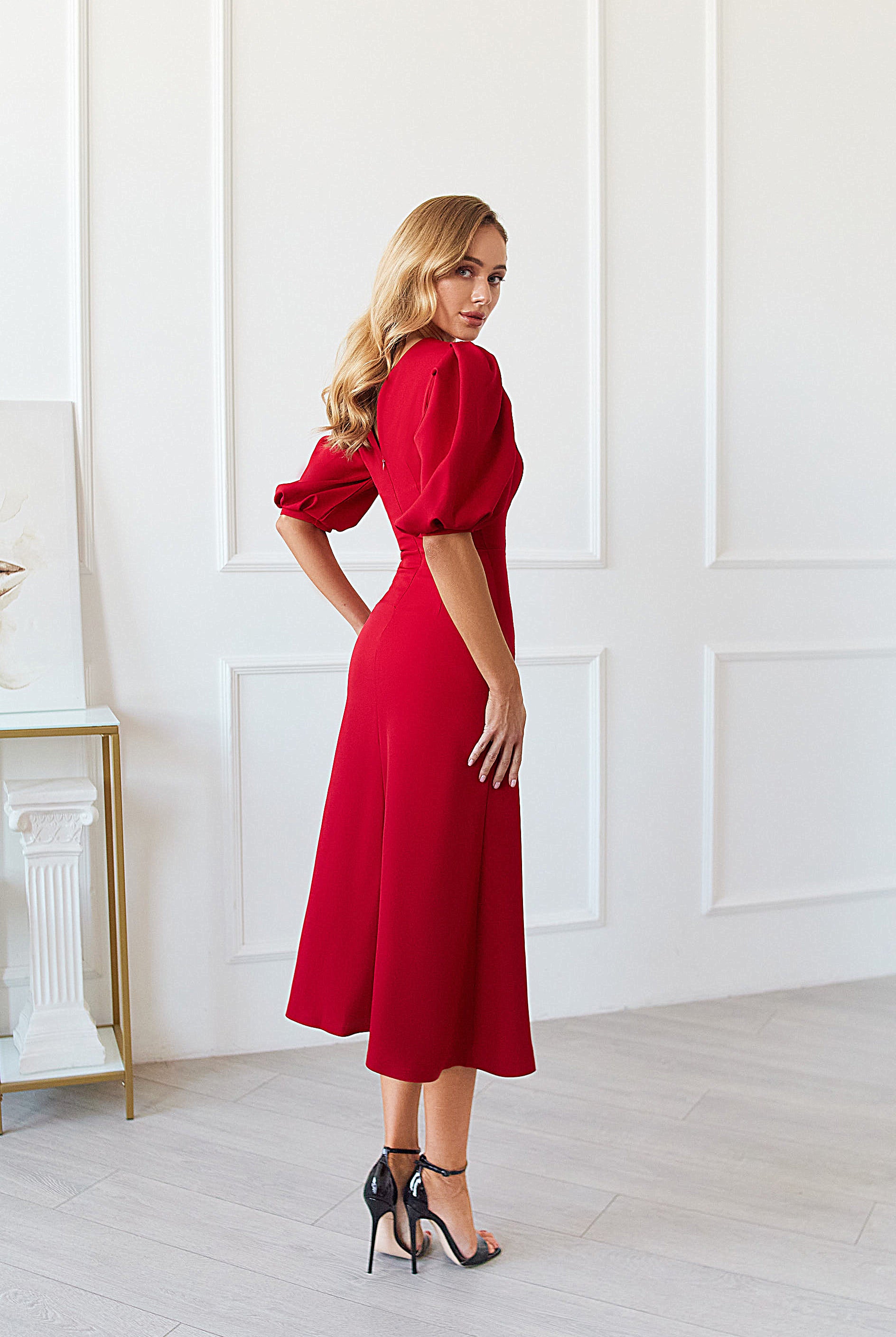Red Puff Sleeve Midi Dress - view 10 | ELAGIA