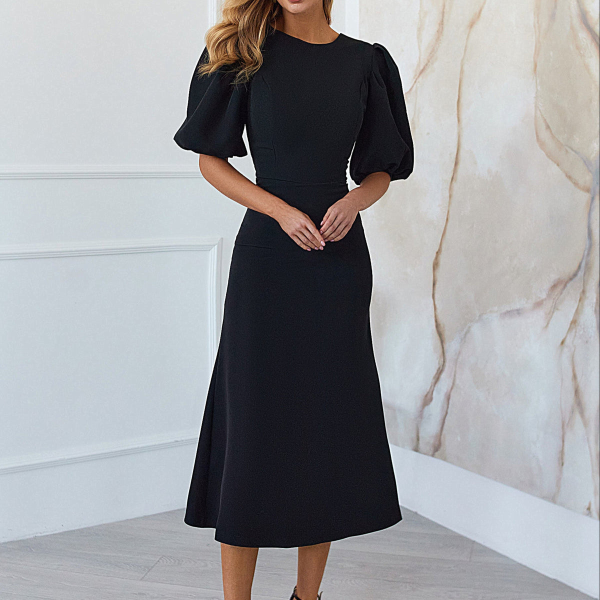 Black Puff Sleeve Midi Dress