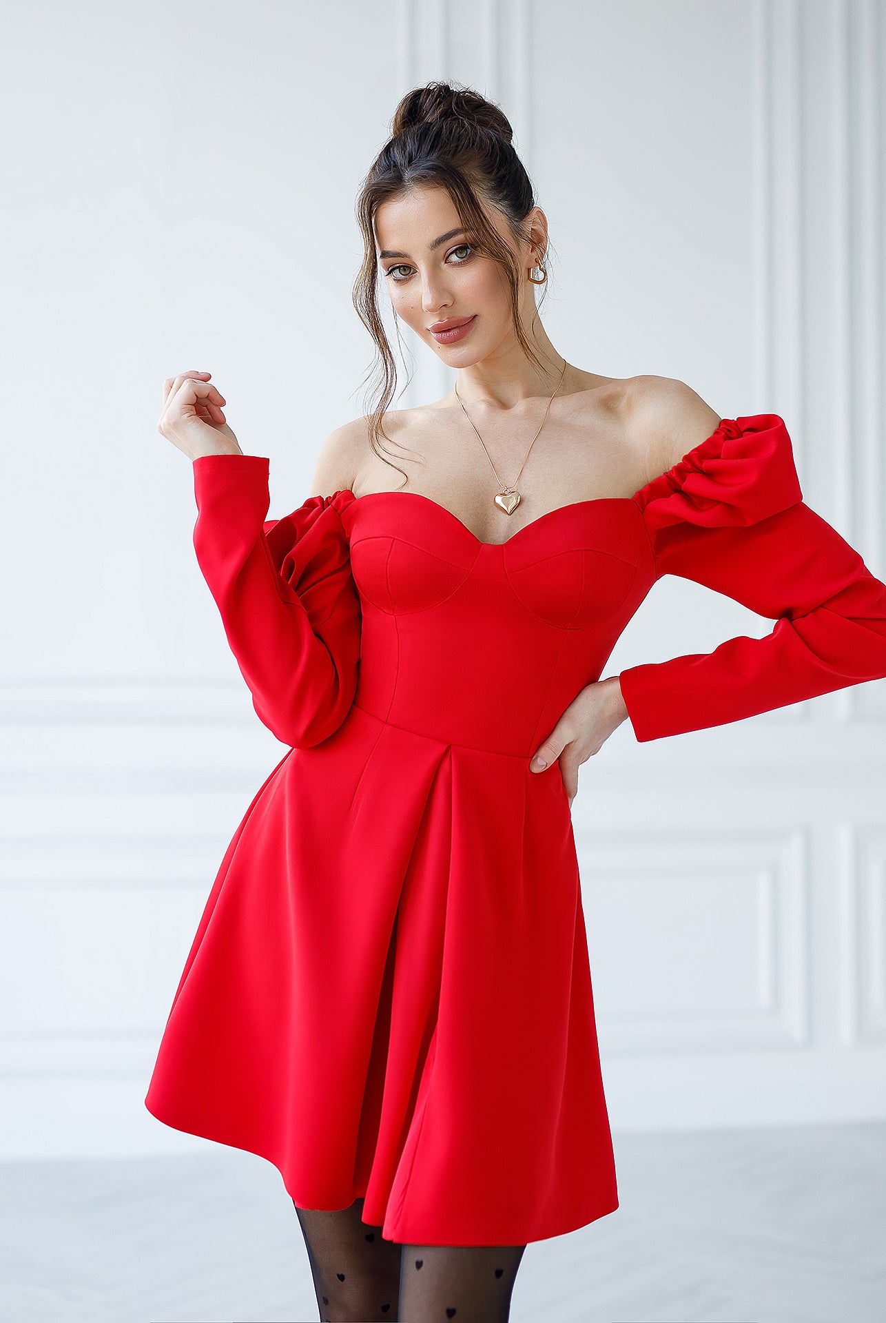 Red Sweetheart Puff-Sleeve Mini Dress - view 10 | ELAGIA