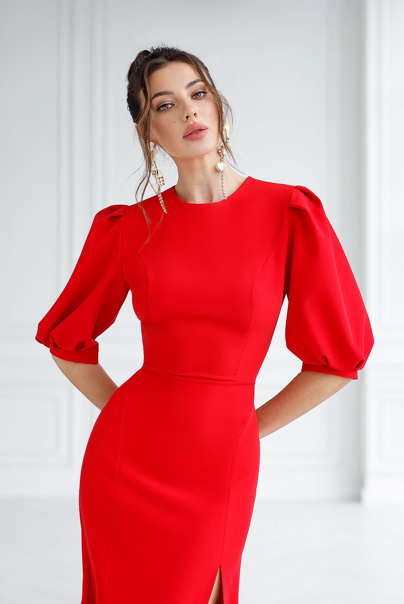 Red Puff-Sleeve Midi Dress - back view | ELAGIA