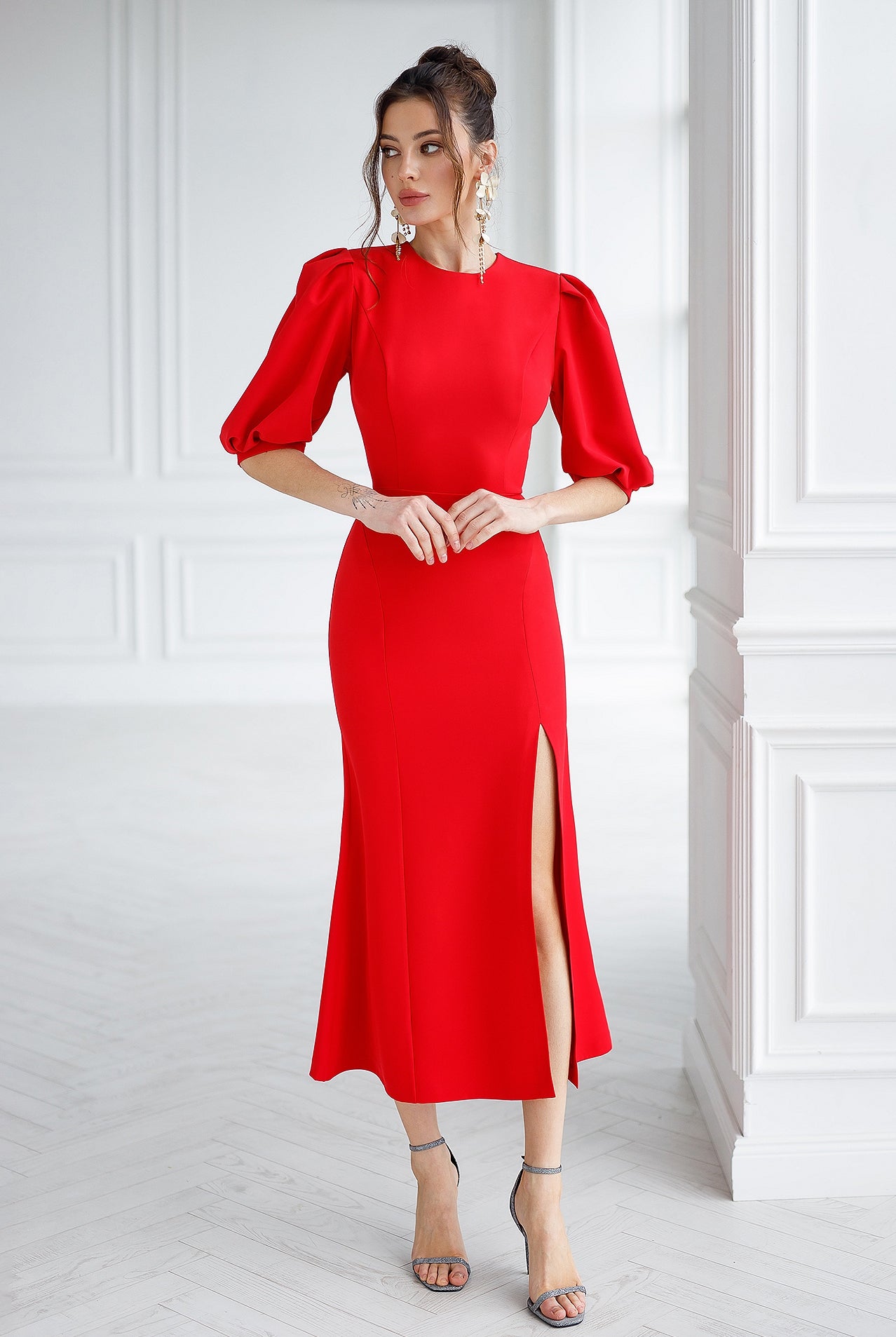 Red Puff-Sleeve Midi Dress - front view | ELAGIA