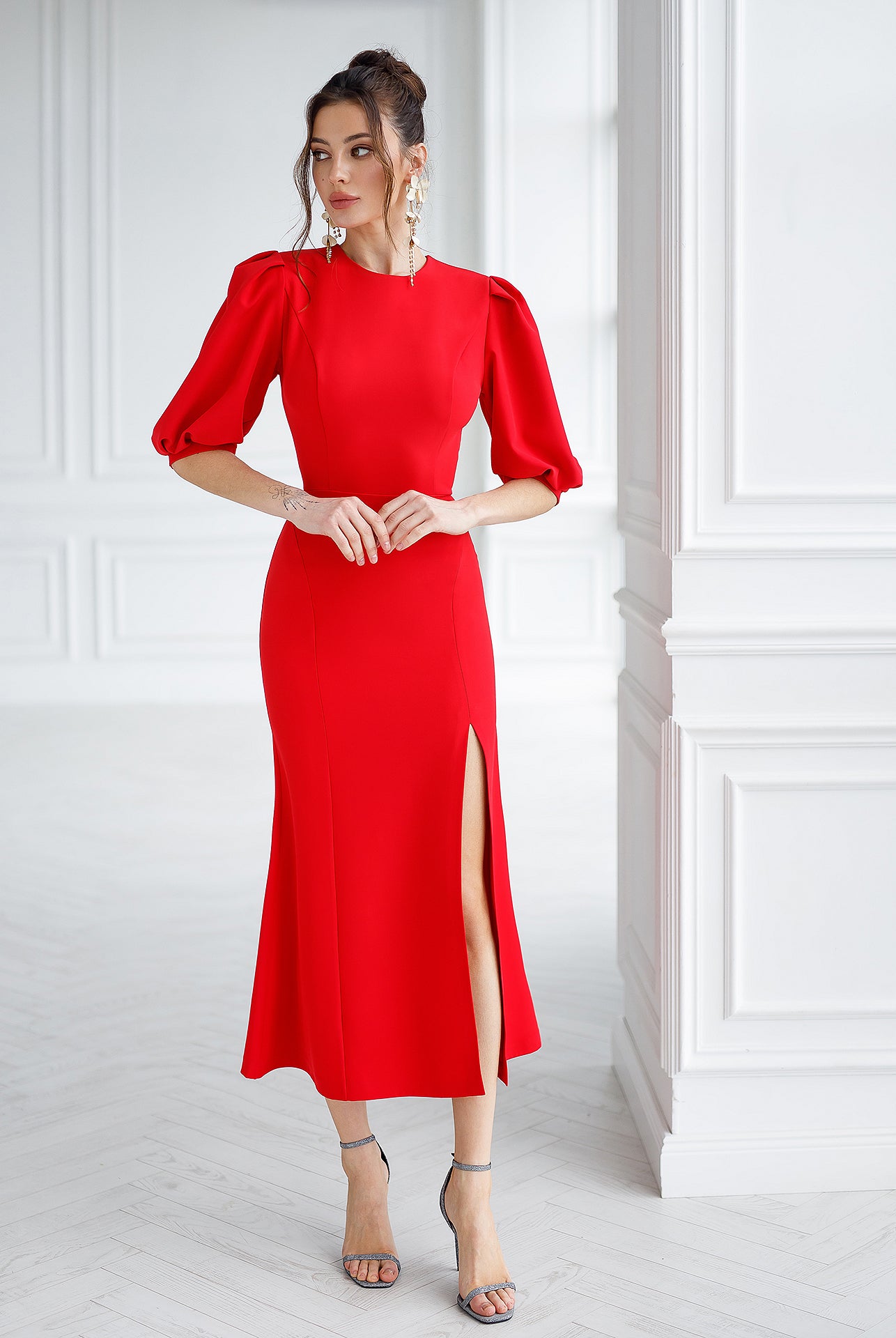 Red Puff-Sleeve Midi Dress - view 7 | ELAGIA