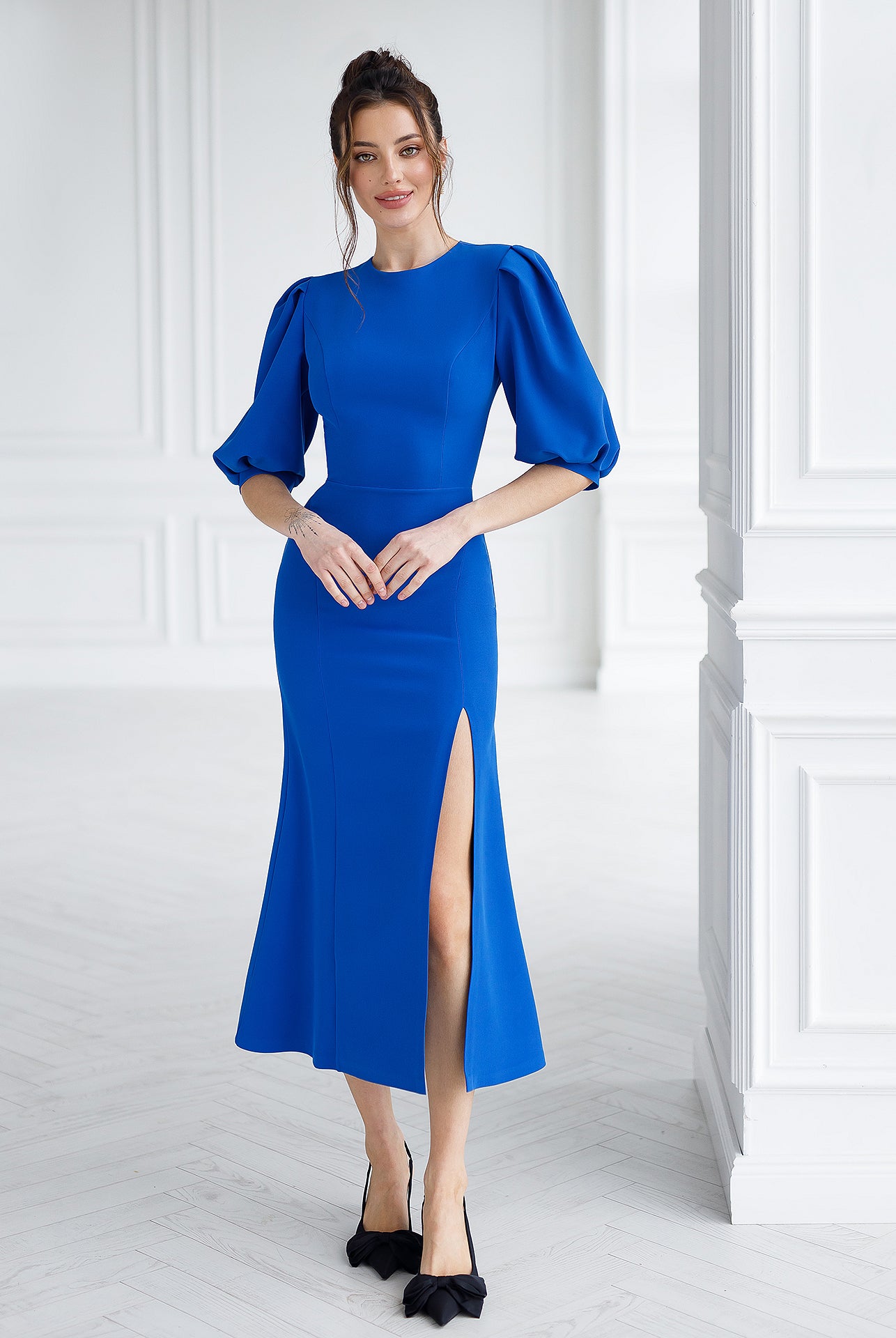 Blue Puff-Sleeve Midi Dress - view 11 | ELAGIA