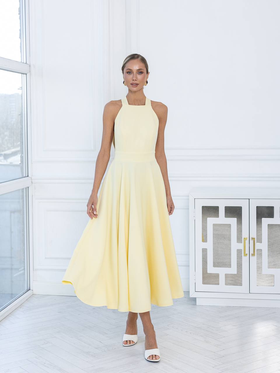 Thalia Yellow Bow-Neck Open-Back A-Line Sleeveless Midi Dress – ELAGIA