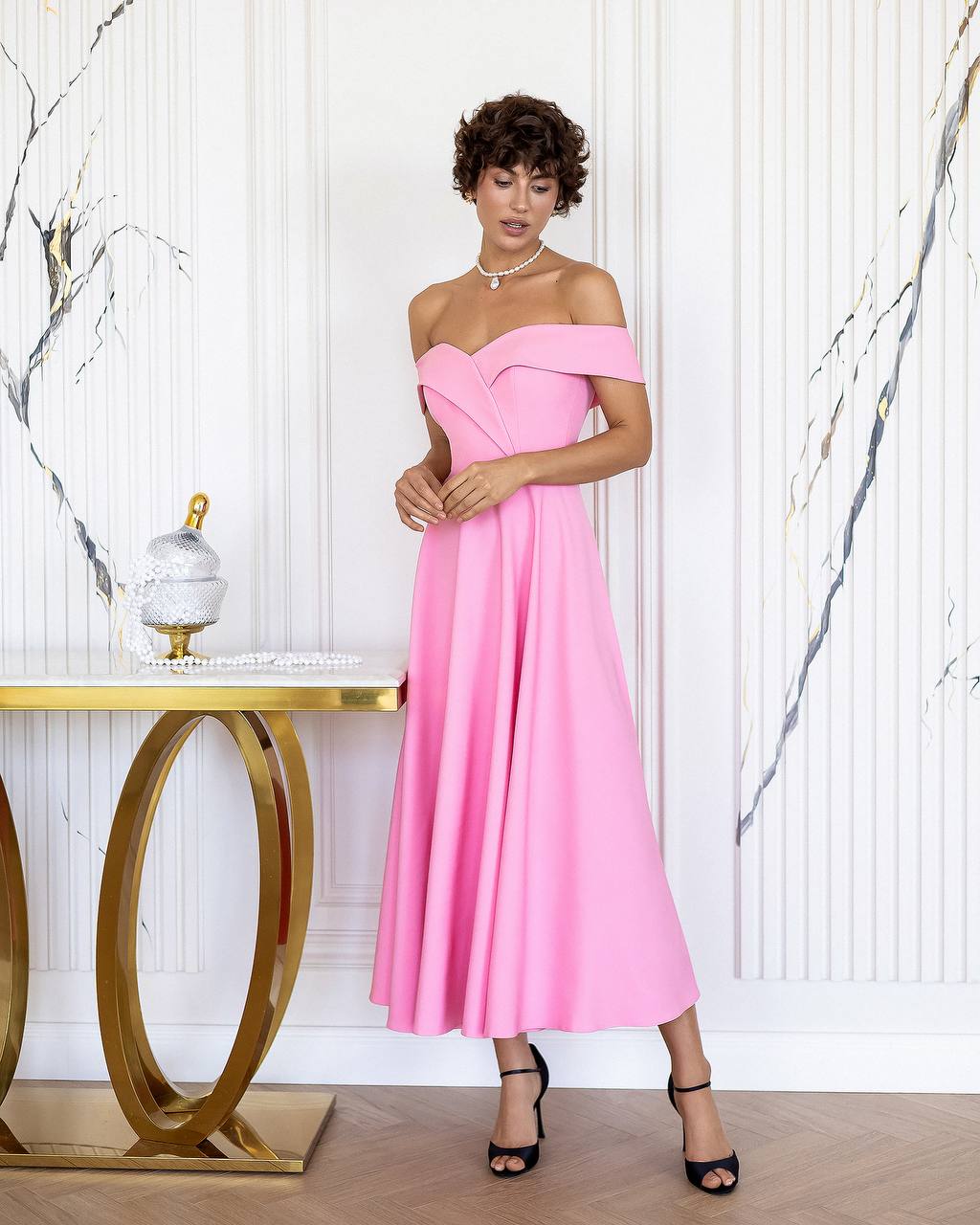 Cosima Pink Off-The-Shoulder A-Line Midi Dress