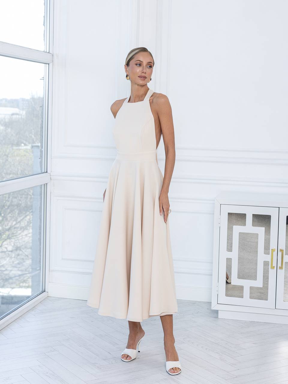 Thalia Beige Bow-Neck Open-Back A-Line Sleeveless Midi Dress