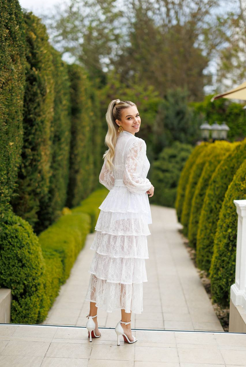 White Tiered Lace Belted Midi Dress - view 6 | ELAGIA