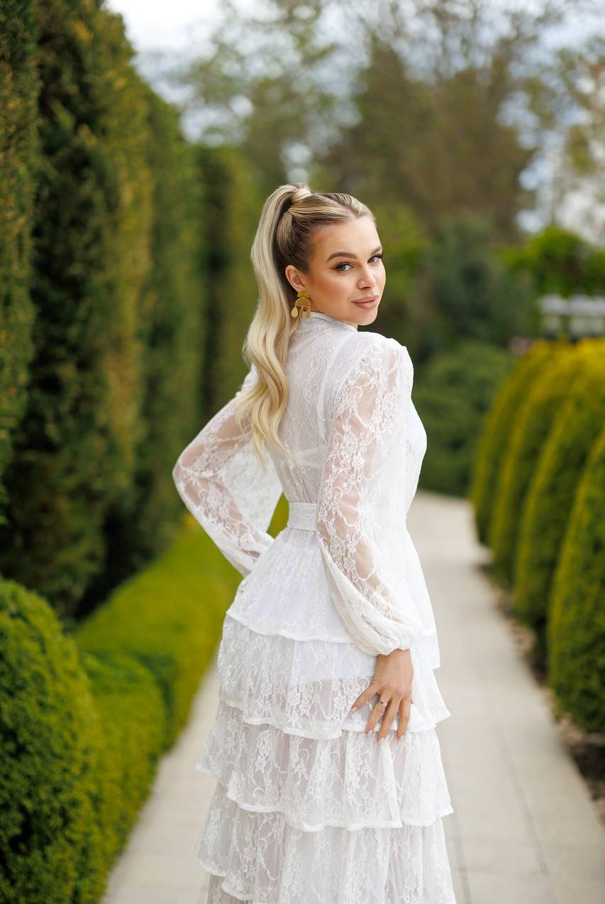 White Tiered Lace Belted Midi Dress - view 8 | ELAGIA