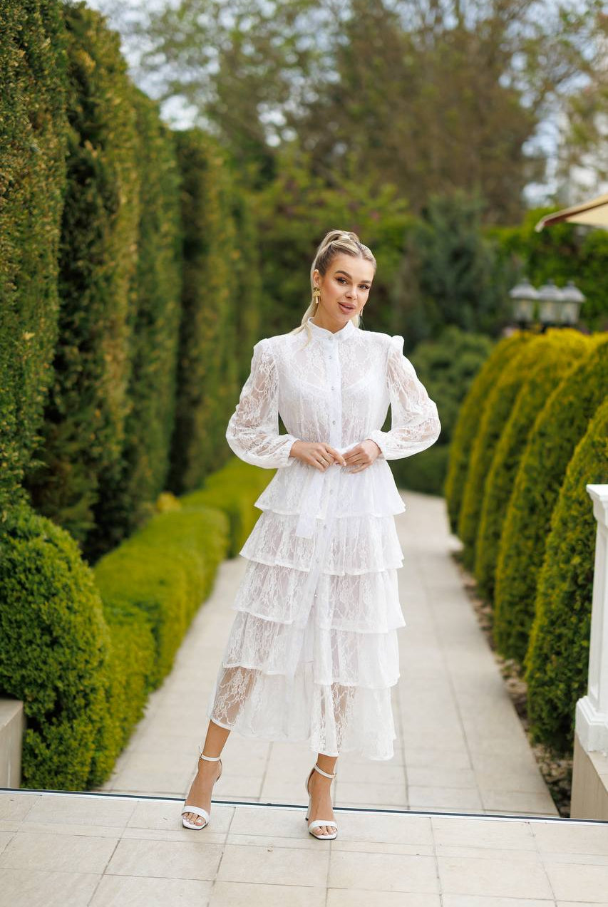 White Tiered Lace Belted Midi Dress - styled look | ELAGIA