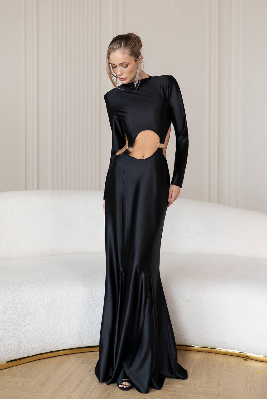 Stella Black Long-Sleeve Cut-Out Maxi Dress - styled look | ELAGIA