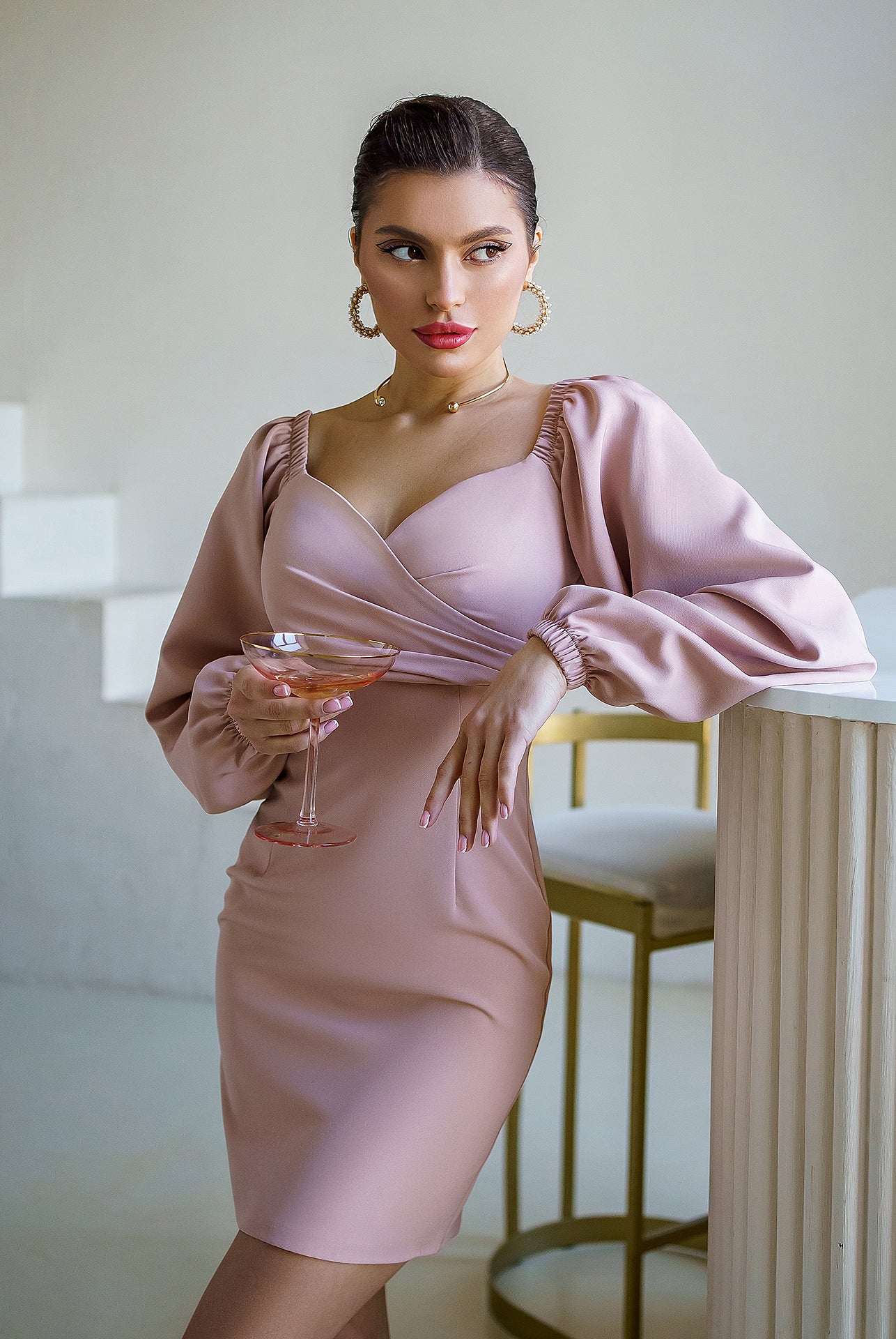 ELAGIA beige puff-sleeve mini dress side angle - 3 piece women's suit purple business suit women design