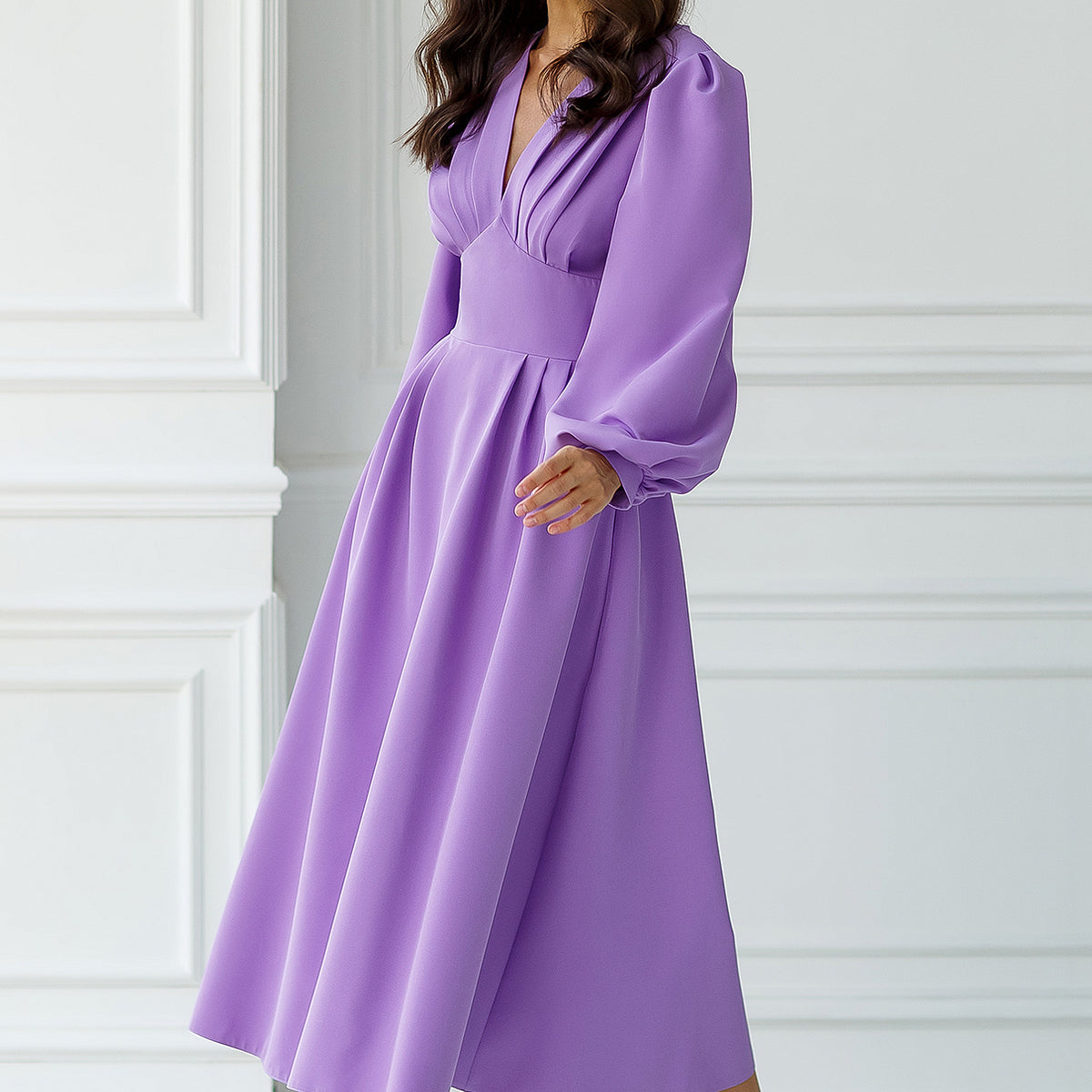 Purple Puff Sleeve V-Neck Midi Dress