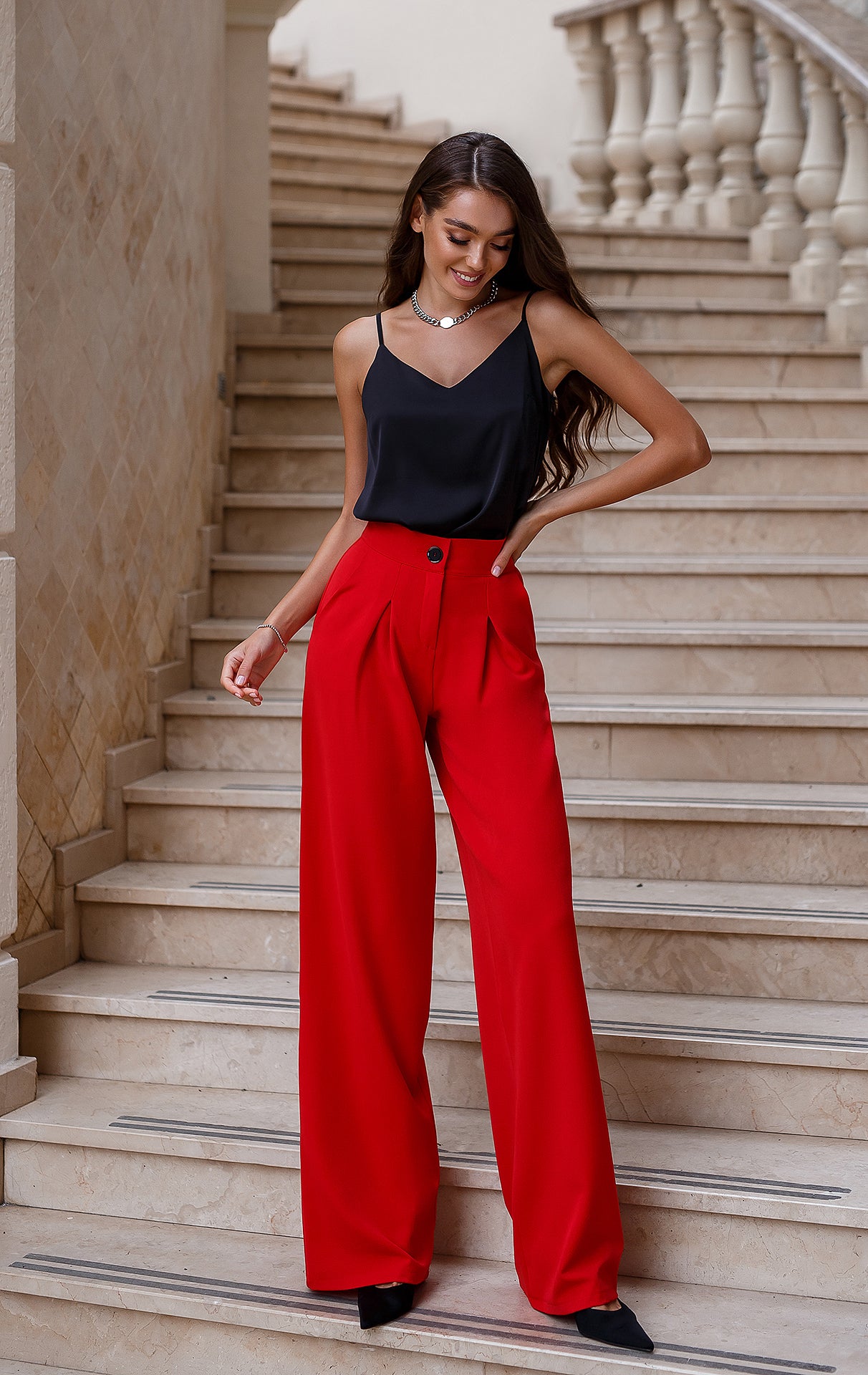 Red High Waist Palazzo Pants Women's Suit