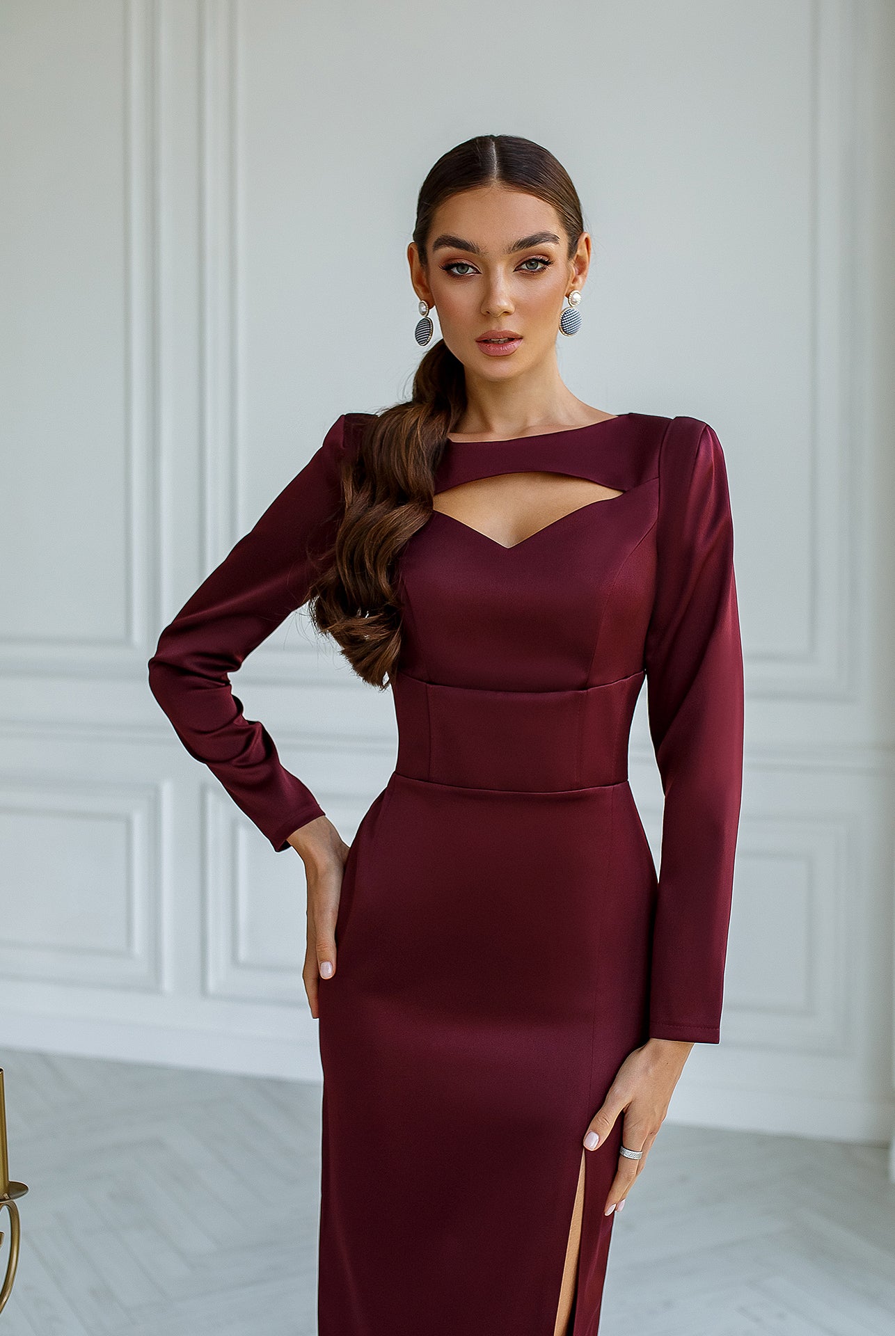 Bordeaux Satin Long Sleeve Midi Dress