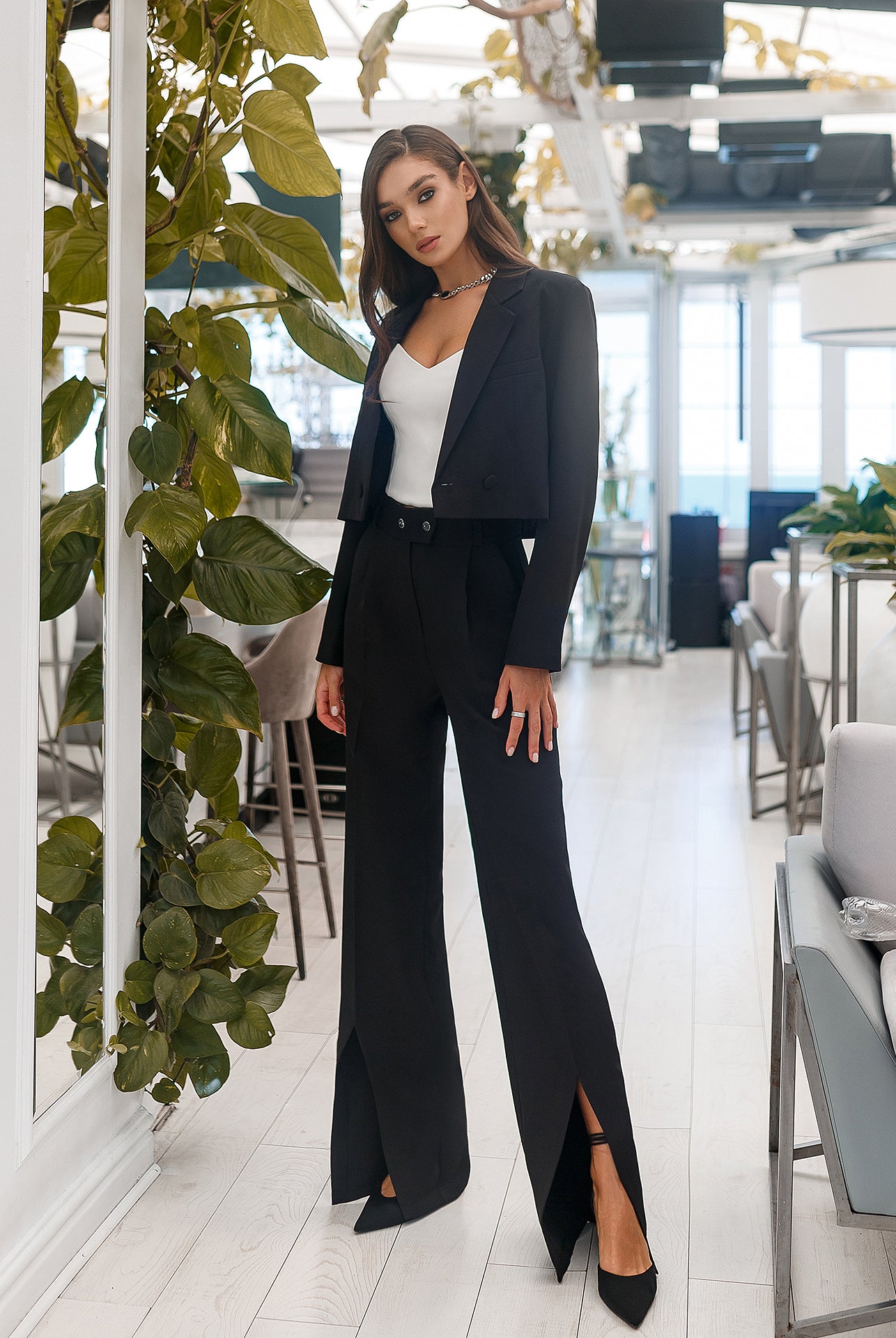ELAGIA Black Crop Jacket Suit 2-Piece lifestyle photo office setting - purple business suit women workplace wear