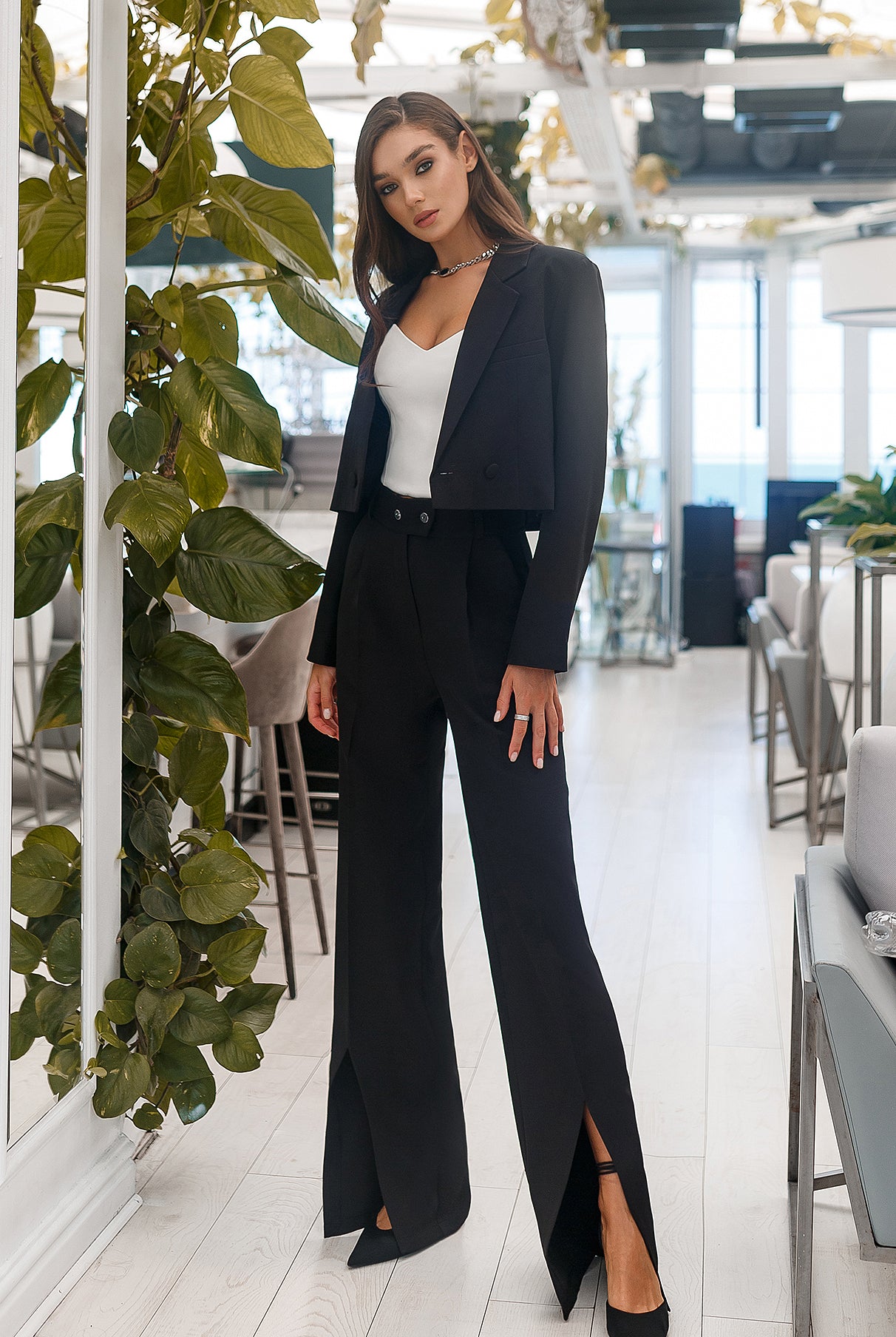 ELAGIA Black Crop Jacket Suit 2-Piece close-up of fabric texture and construction details