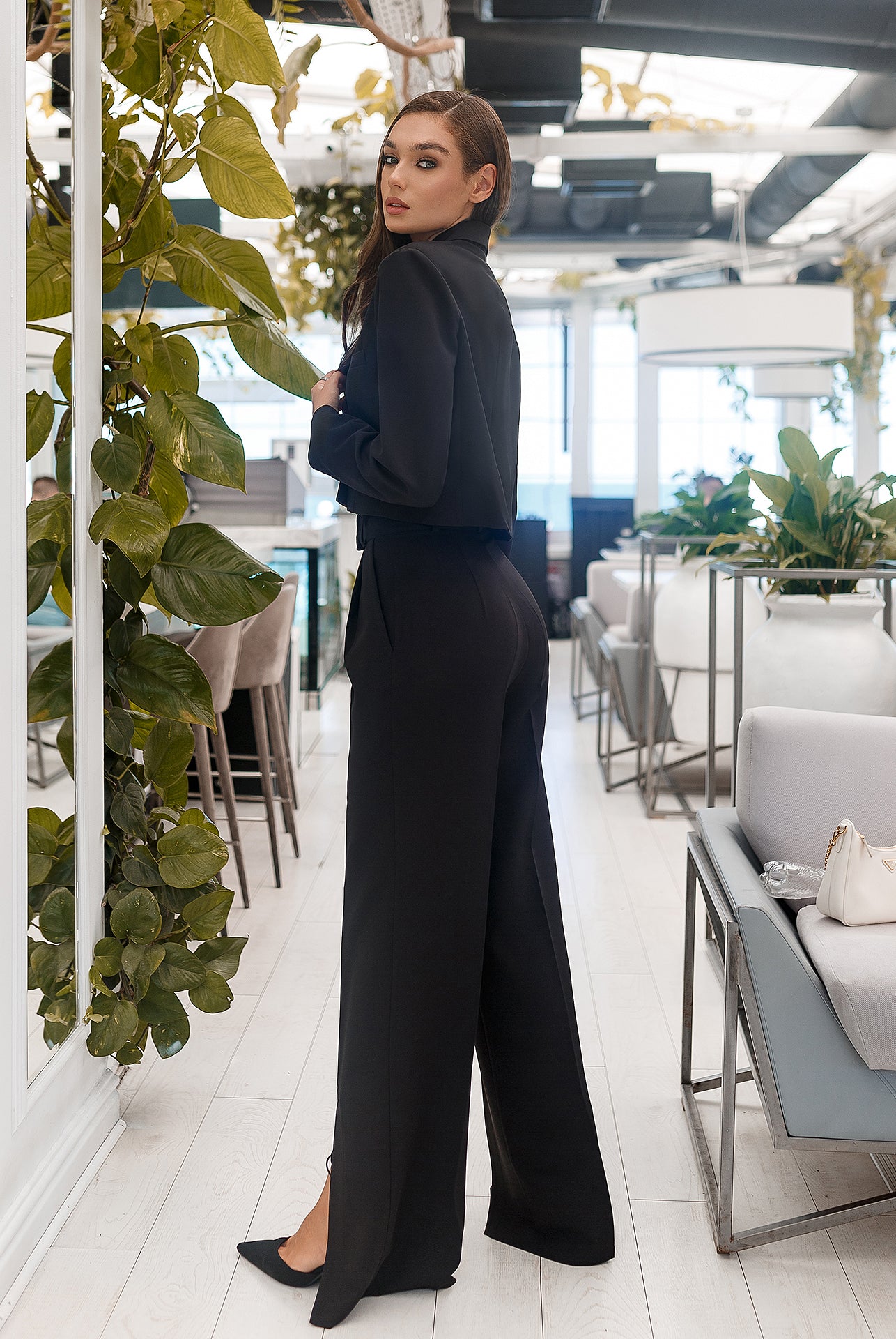 ELAGIA Black Crop Jacket Suit 2-Piece worn by model showing fit and drape of 3 piece women's suit style