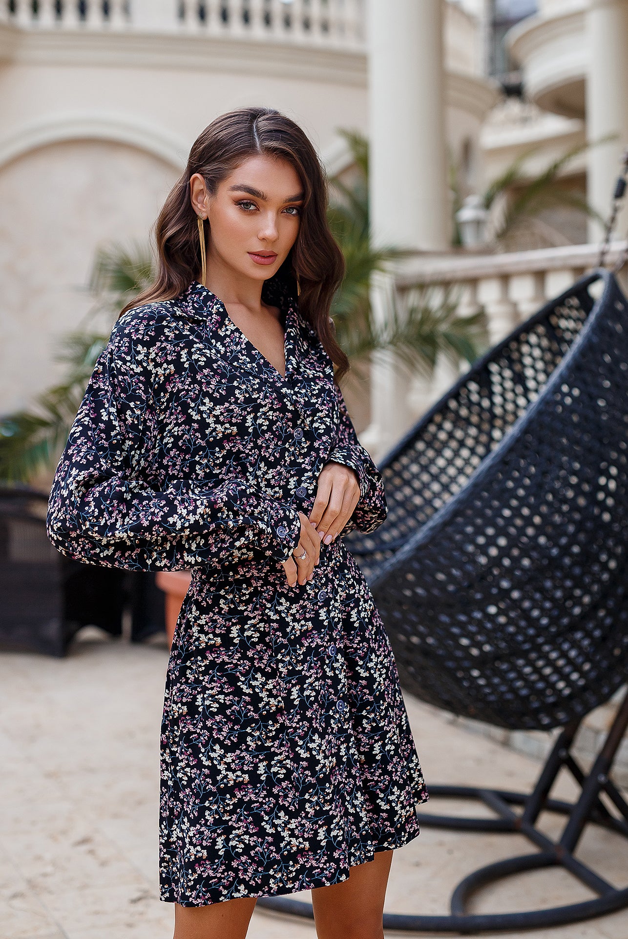 ELAGIA floral belted dress close-up fabric pattern - 3 piece women's suit purple business suit women style