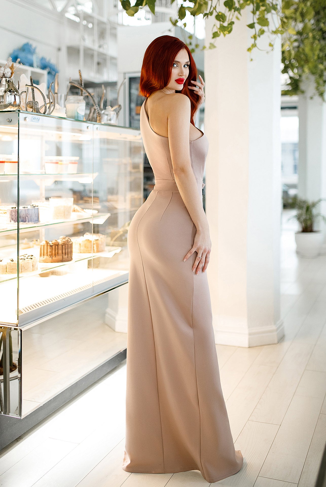 Beige One-Shoulder Cut-Out Maxi Dress - back view | ELAGIA