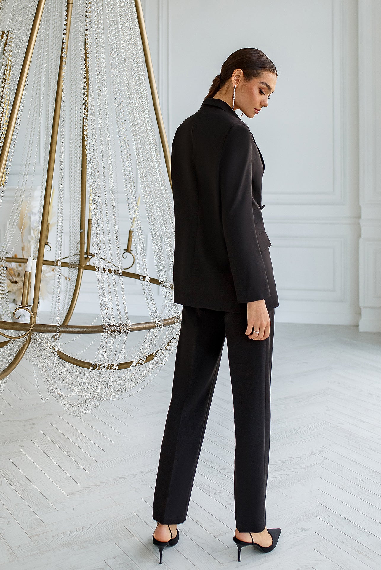 ELAGIA black double-breasted suit 2-piece front view - professional women's business suit with tailored blazer