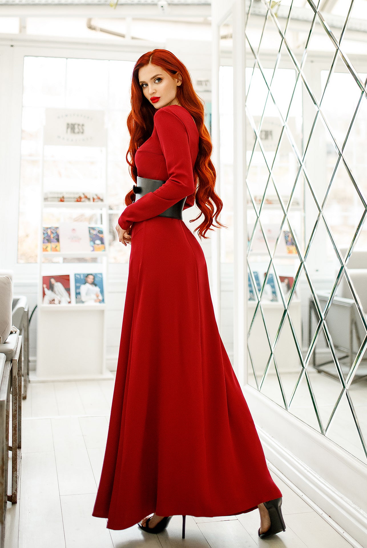 Bordeaux Long Sleeve Thigh-Slit Maxi Dress - side view | ELAGIA