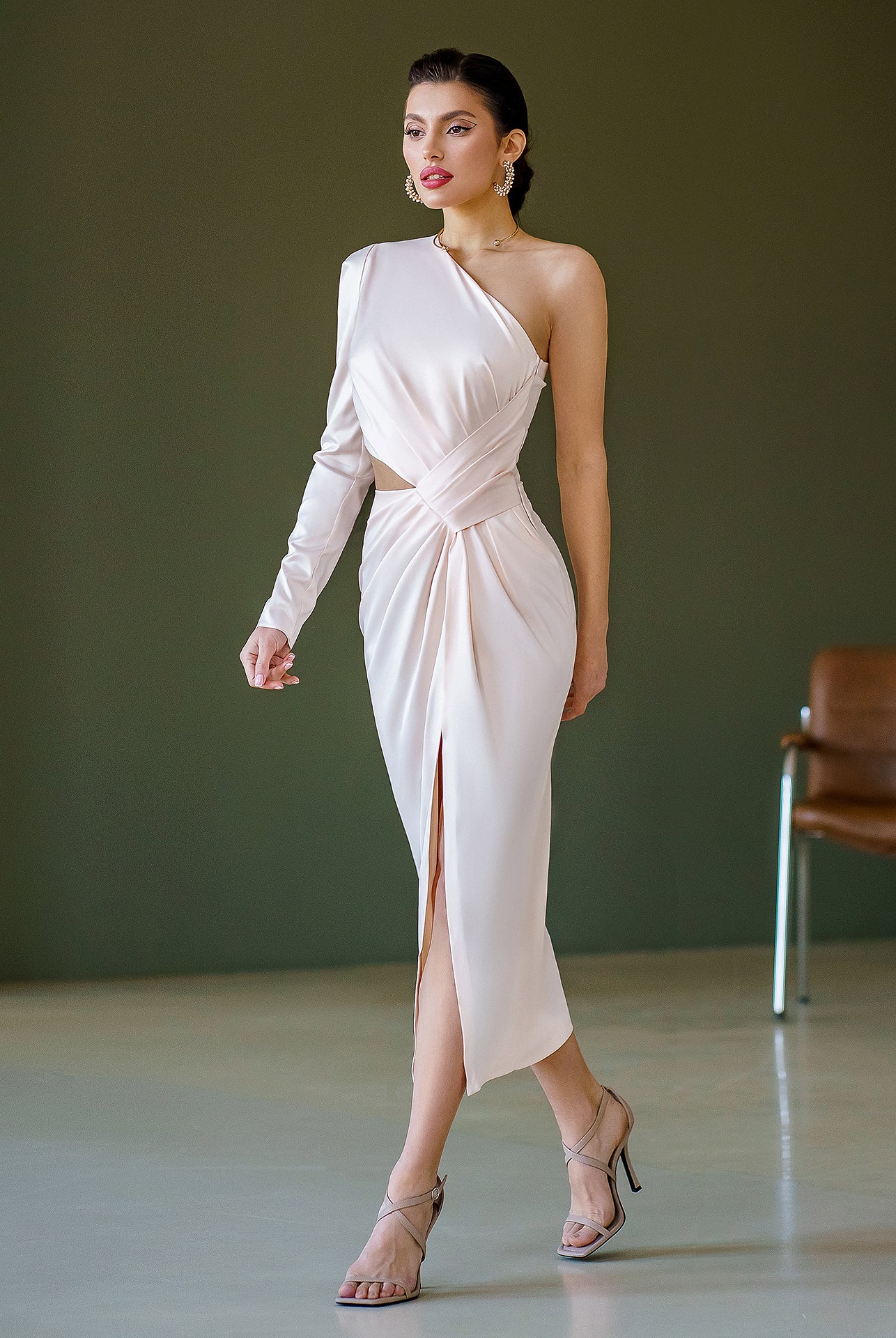 White Satin One-Shoulder Cut-Out Midi Dress