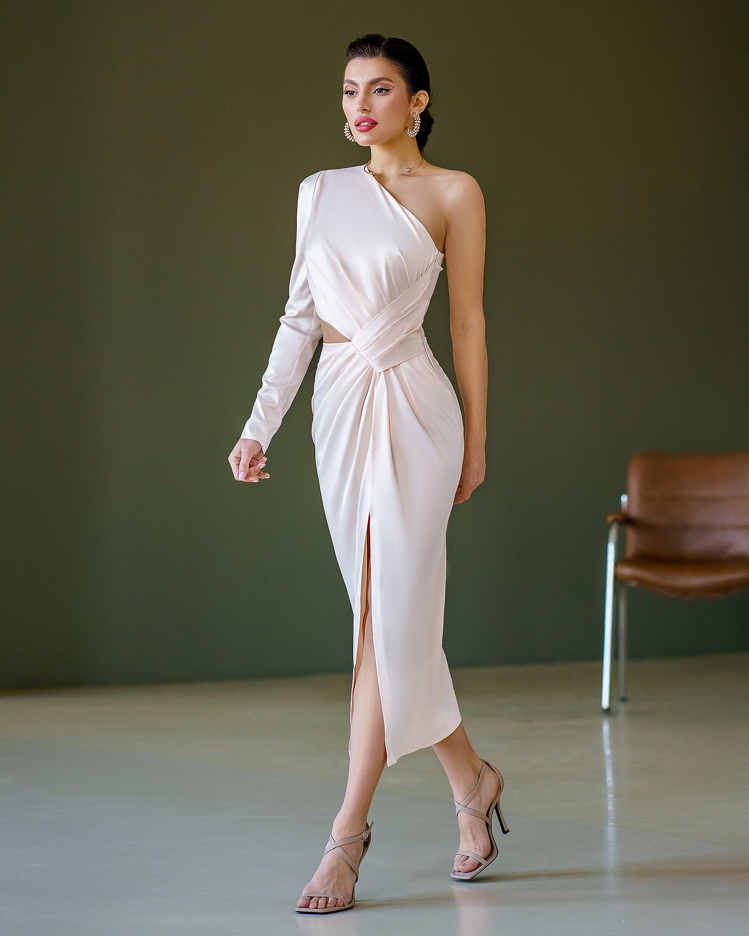 White Satin One-Shoulder Cut-Out Midi Dress