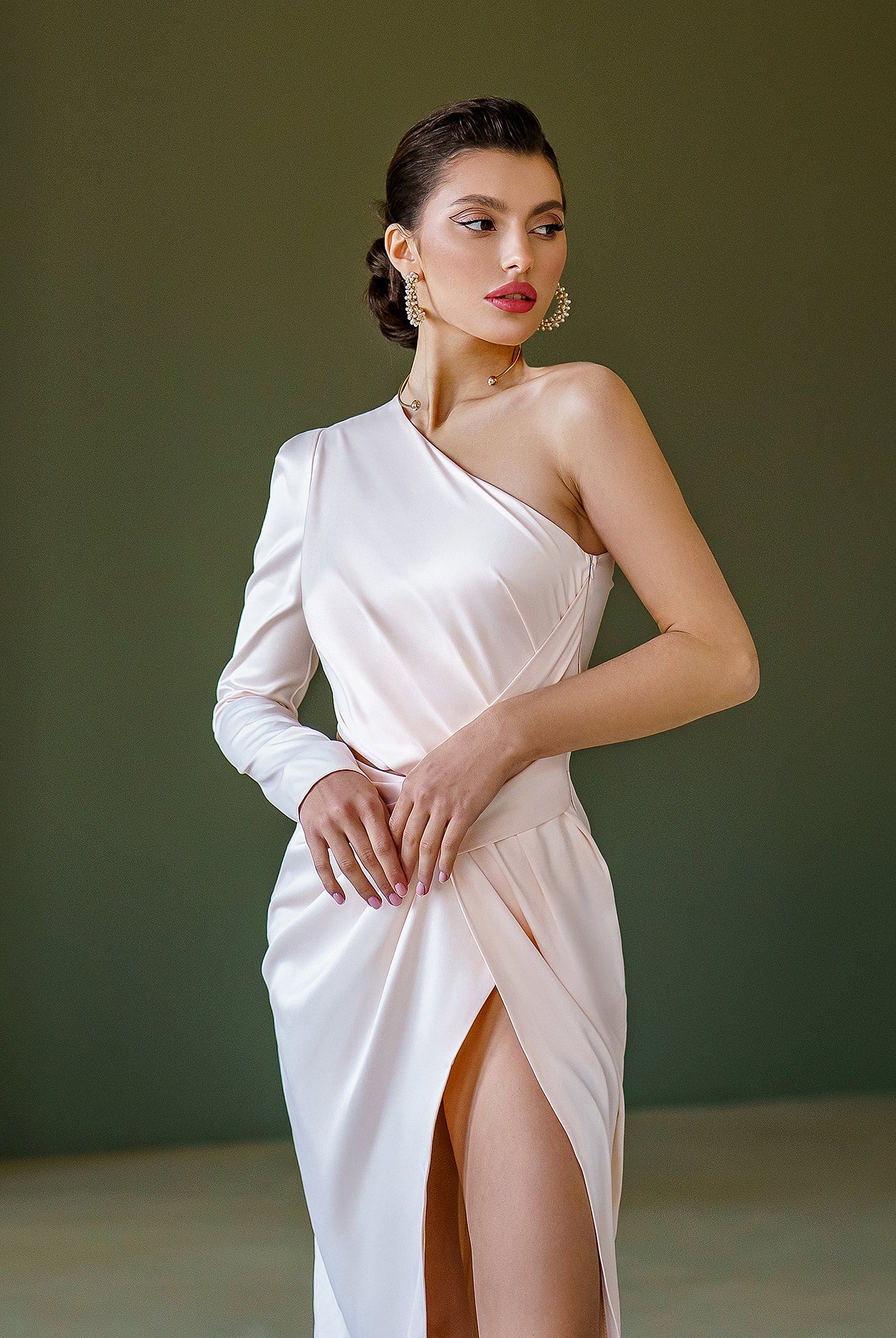 White Satin One-Shoulder Cut-Out Midi Dress