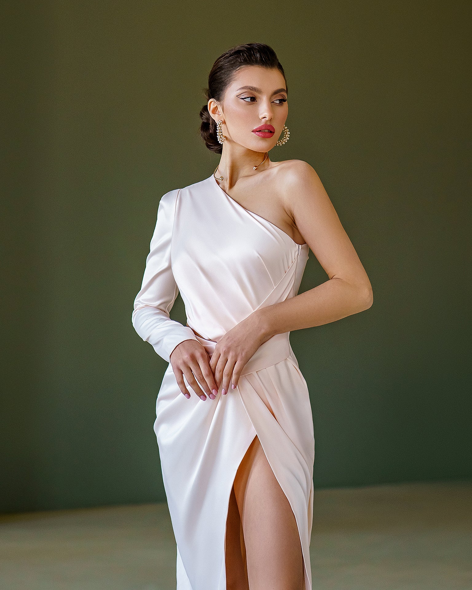 White Satin One-Shoulder Cut-Out Midi Dress