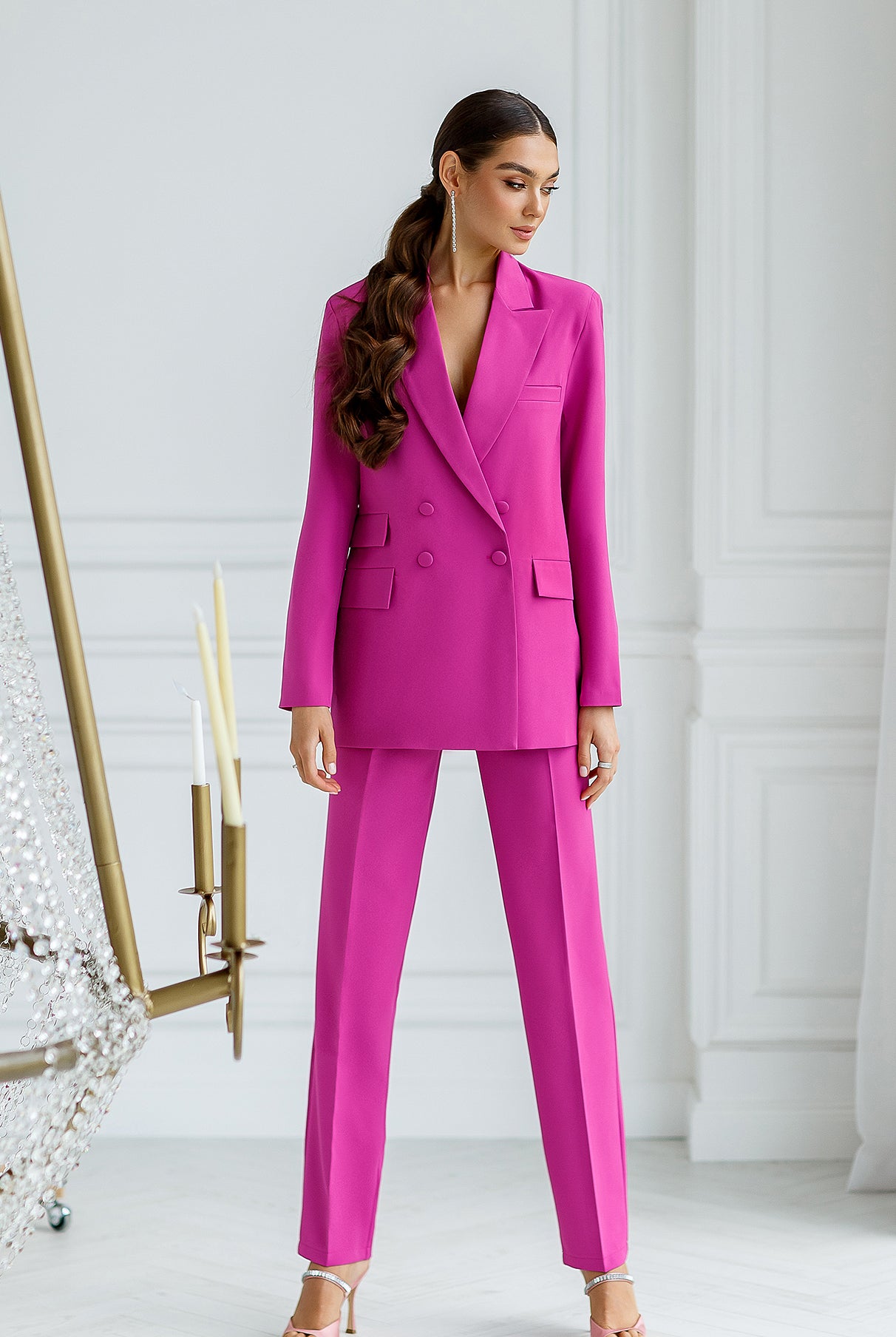 ELAGIA fuchsia double-breasted blazer and trousers 2-piece purple business suit women, front view on model