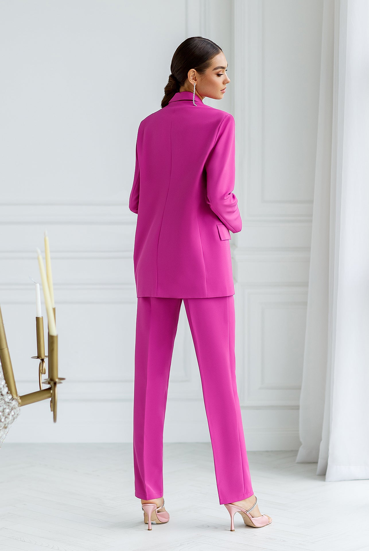 ELAGIA fuchsia double-breasted suit back view showing vibrant purple business suit women professional fit