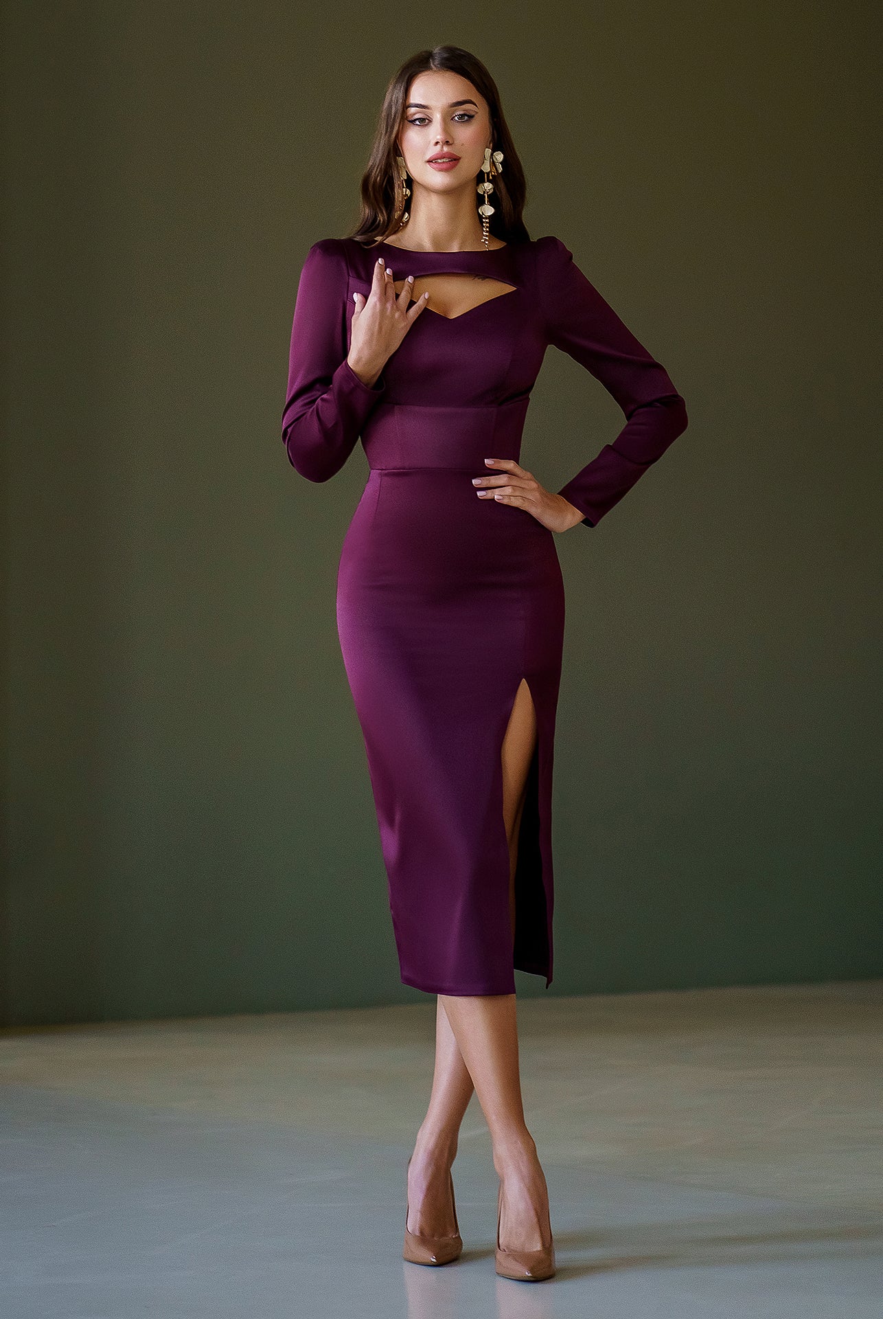 Bordeaux Satin Long Sleeve Midi Dress