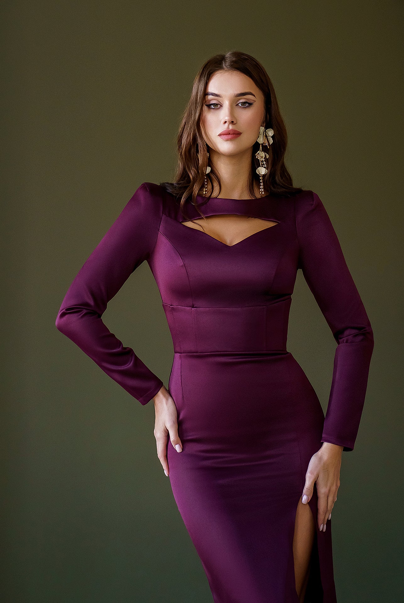 Bordeaux Satin Long Sleeve Midi Dress