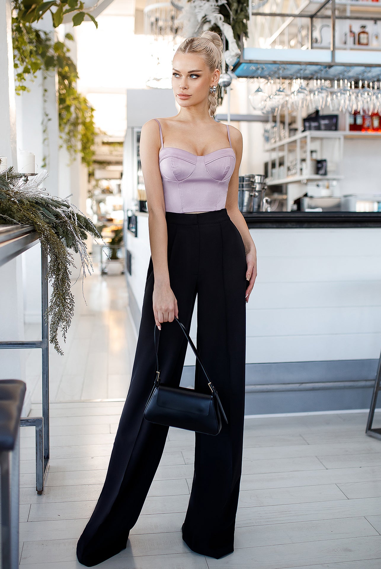 ELAGIA lavender satin sweetheart top back view with tie straps ideal for lavender women's suit pairing