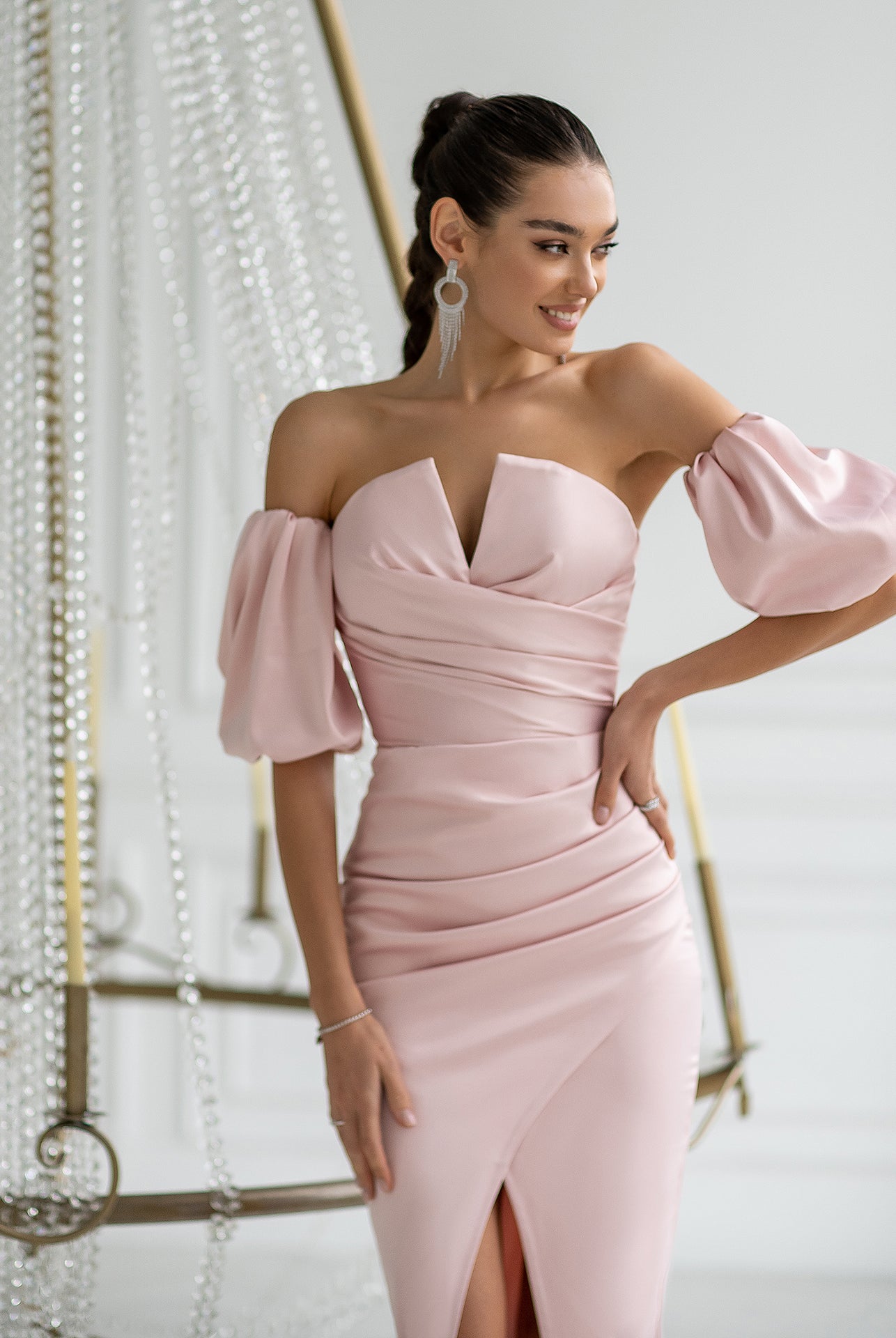 ELAGIA dusty pink dress hemline and silhouette shot - 3 piece women's suit purple business suit women